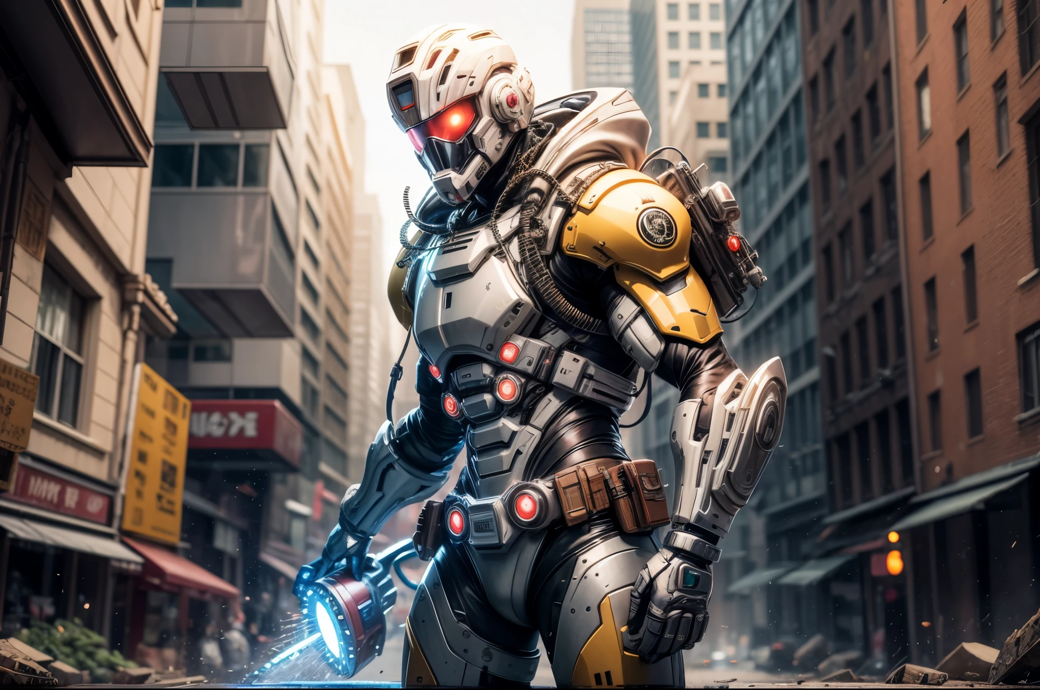 special ops, (Chain saw in hand:1.5，chainsaw man:1.5,red white and gold style),Shabby mechanical suit，cyberpunk，Metal，circuit，cybernetics，clear focus，soft light，Vibrant colors，(war streets：1.1)，dynamic perspective，fighting stance，8k，Unreal Engine style rendering,masterpiece