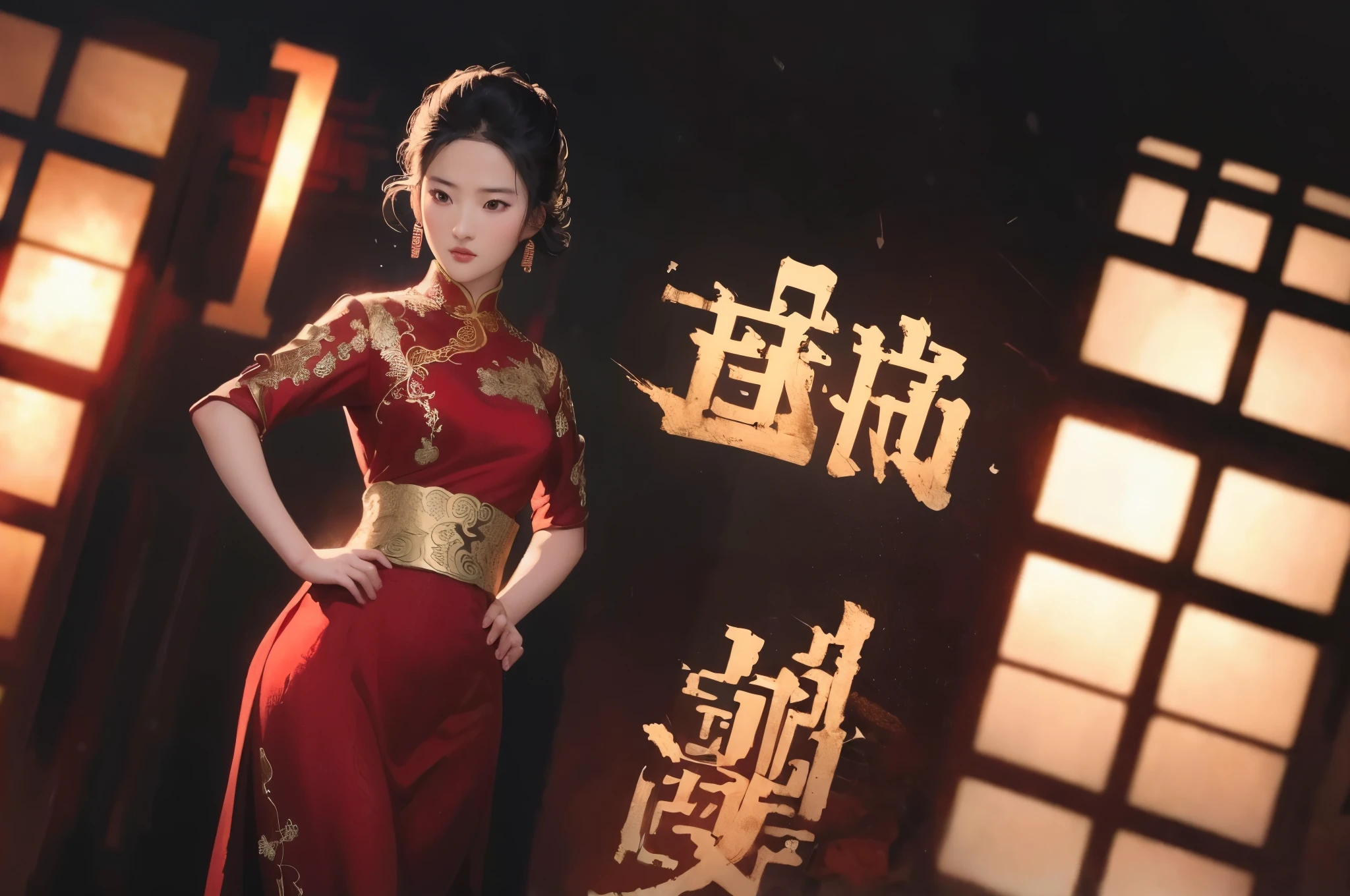 liuyifei, 1girl, Solo, red tradition Chinese dress, hand on hip, flat chest, cityscape, Simple background, White background,