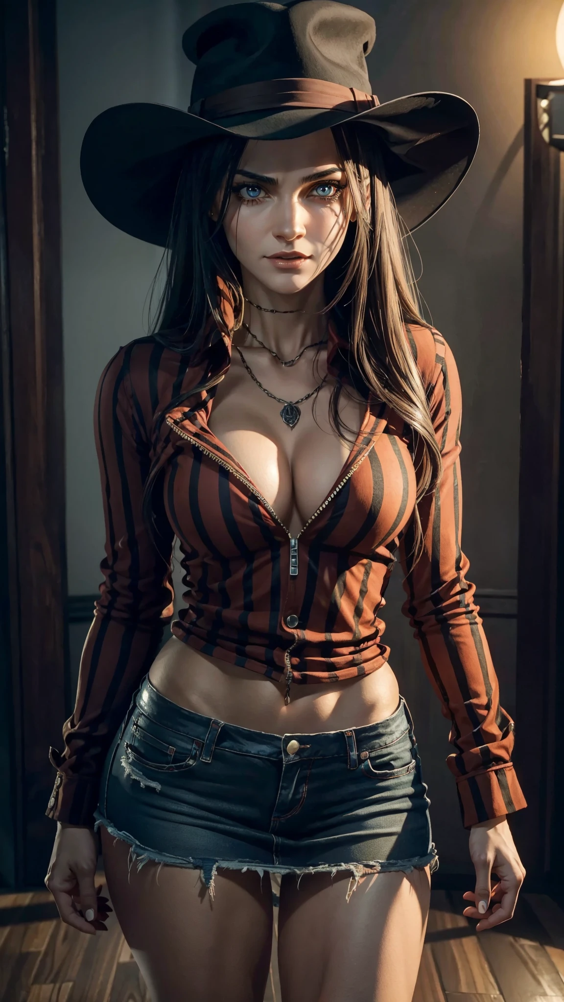 a female version of Freddy Krueger, totally realistic, always repeating the same face, always repeating the same appearance, always repeating the same proportions, always repeating the same outfit, ((alone)), full body, very detailed face, very detailed eyes , very detailed irises,