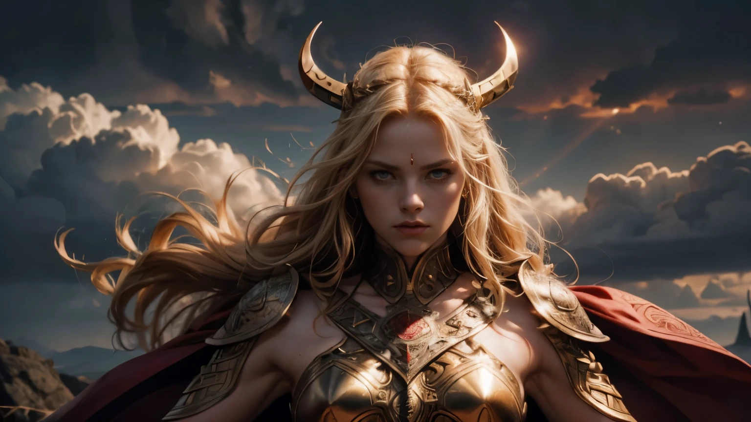viking, golden hair, viking clothes, sword, shield, ireland, viking tattos, red cape, storm, ((woman)), ((dramatic pose)), ((dramatic light)), ((complex background)), ((cinematic)), ((looking at the viewer)), ((upper body up)), ((symmetrical eyes)), ((very detailed)), ((best quality)), ((high resolution)), ((wallpaper 8k)),