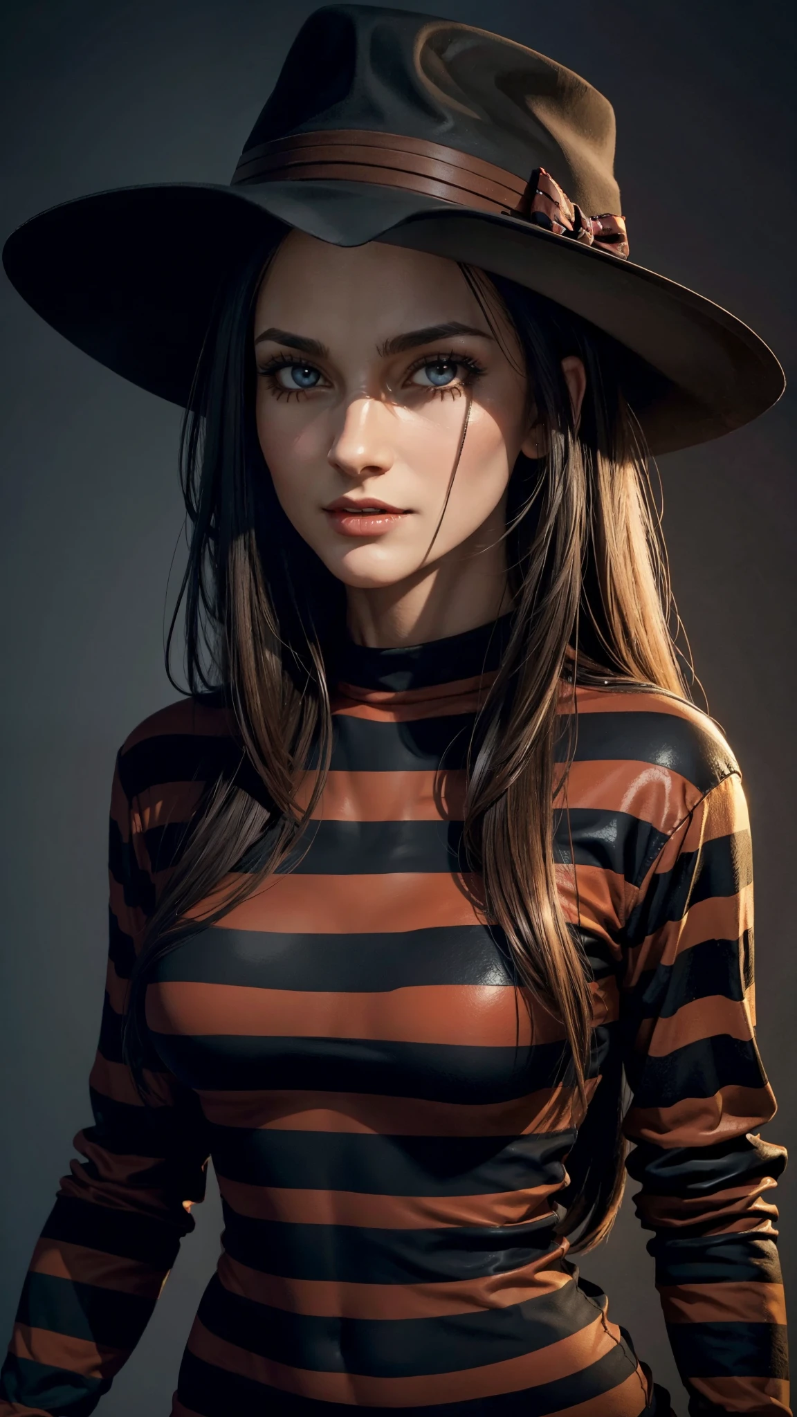 a female version of Freddy Krueger, totally realistic, always repeating the same face, always repeating the same appearance, always repeating the same proportions, always repeating the same outfit, ((alone)), full body, very detailed face, very detailed eyes , very detailed irises,
