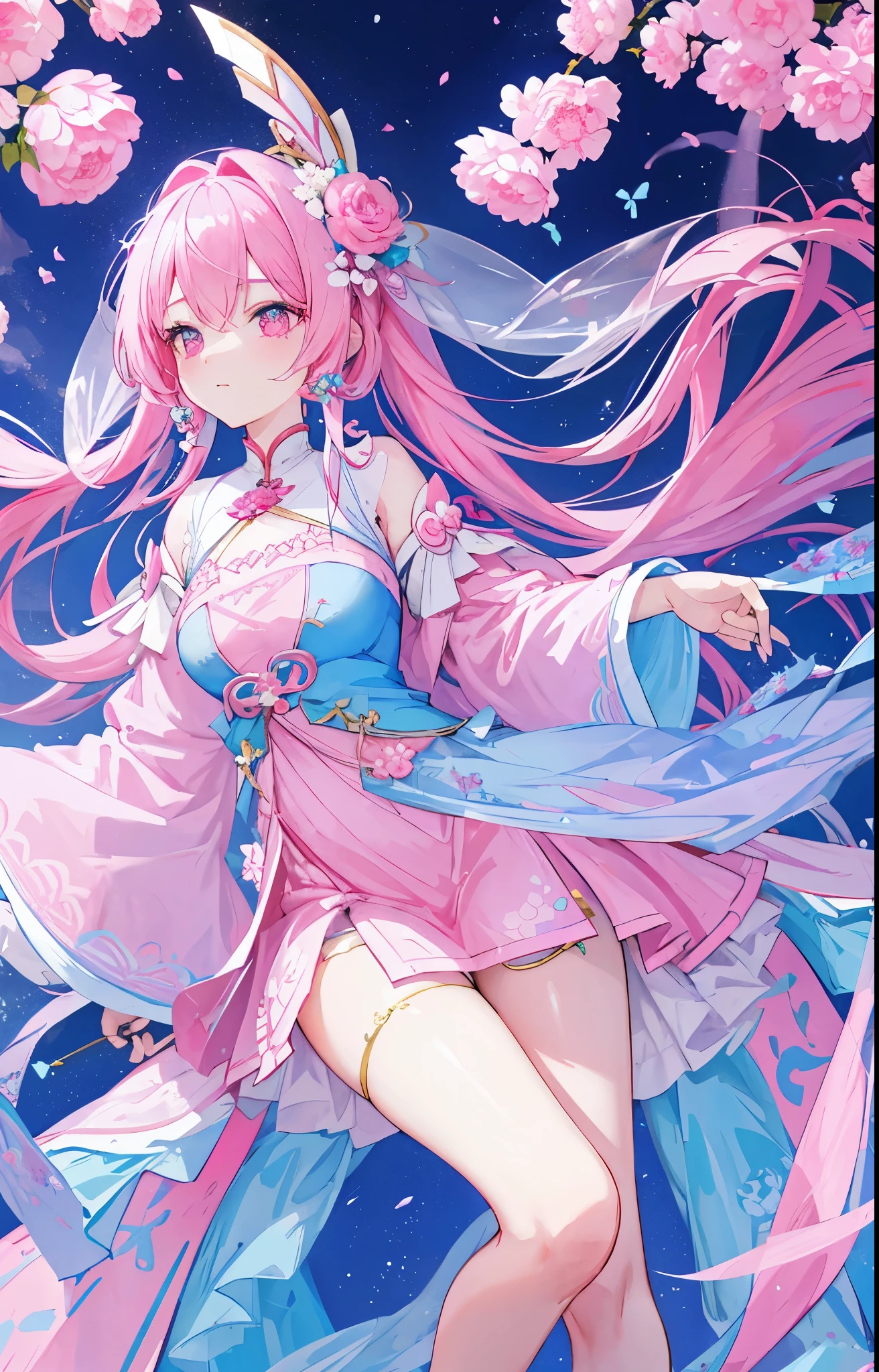 Pink blue peony flowers for decoration，light pink blue long hair，Dark pink blue and white clothes，Fairy Sister of Hehuan Sect，A crazy beauty who knows how to whip slaves！