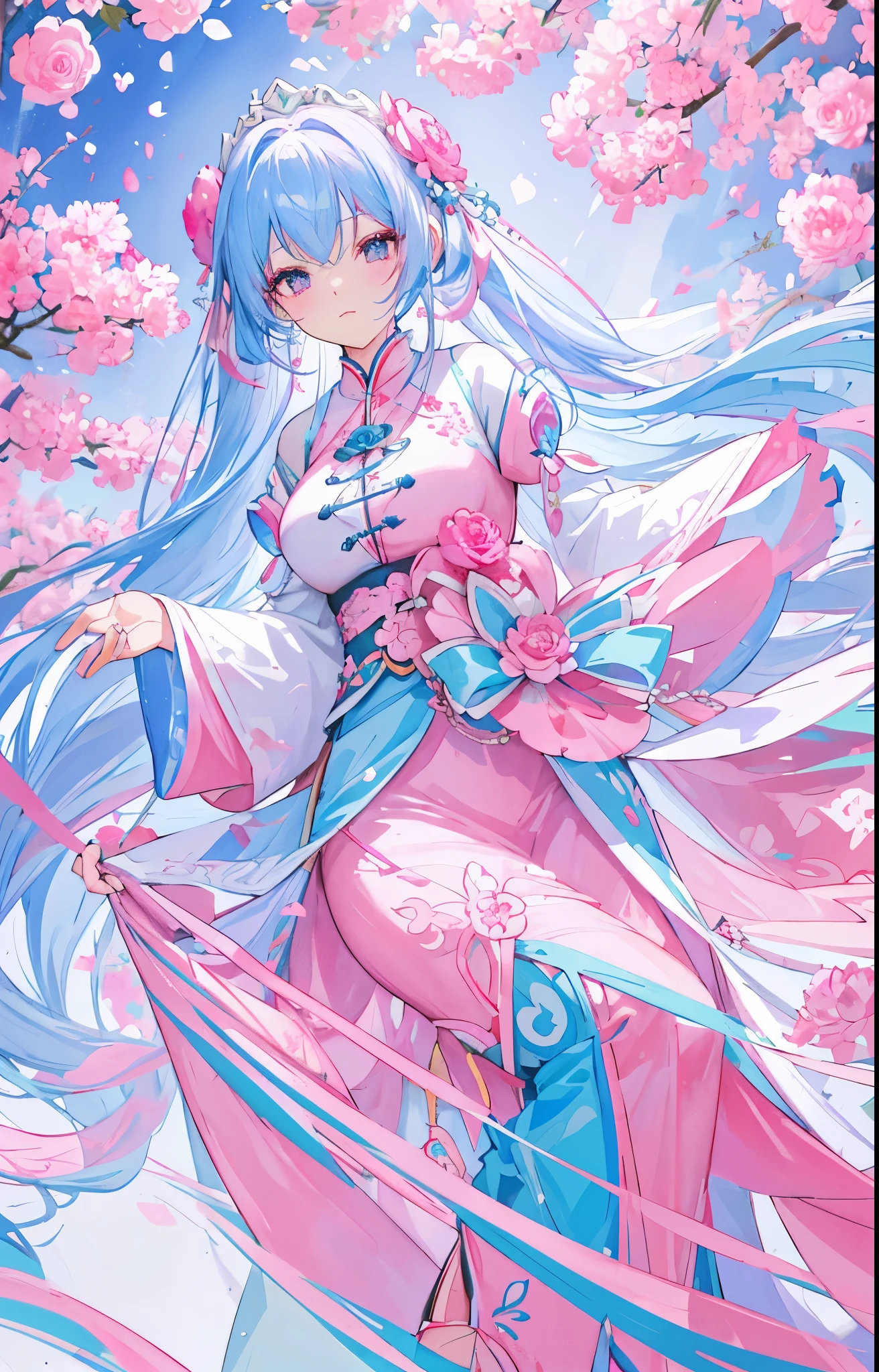 Pink blue peony flowers for decoration，light pink blue long hair，Dark pink blue and white clothes，Fairy Sister of Hehuan Sect，A crazy beauty who knows how to whip slaves！