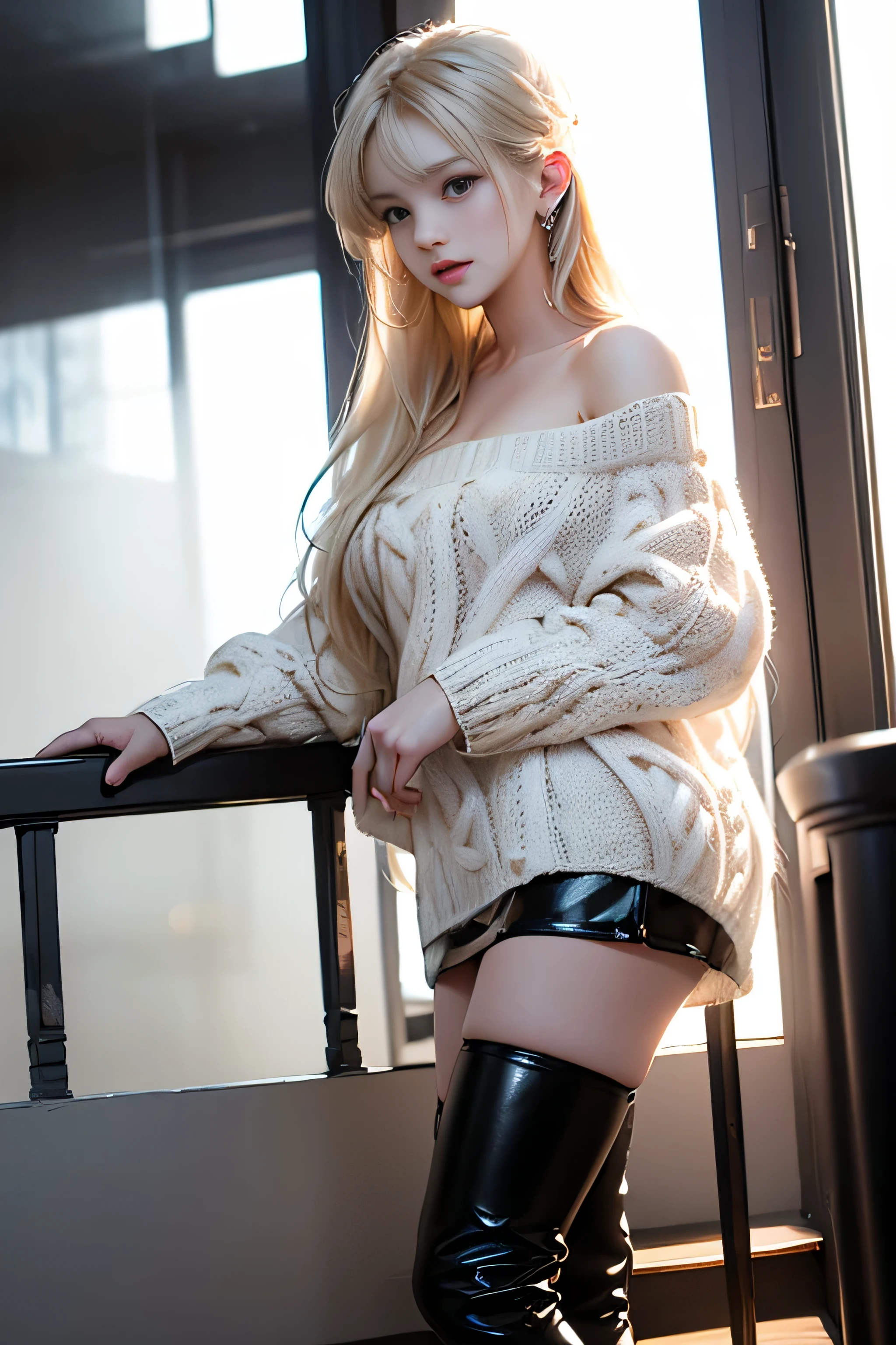 Caucasian woman; black hair, wavy hair, long hair, hair parted in the middle; blue eyes, ((striped eyes)), ((highlight blue eyes)), bright eyes; (eyes with reflection); ((red lipstick)), (bright lips); smile, Toned body, athletic body, (((((medium breasts))))), 36 breasts, ((nipples)), ((((legs)))); ((Striped Top)), Tank Top, White striped top, ((Black Pleated Skirt)); earrings, necklace, handcuffs; high quality, artistic shot, standing, Corridor of luxury building, soft light, frontal view.