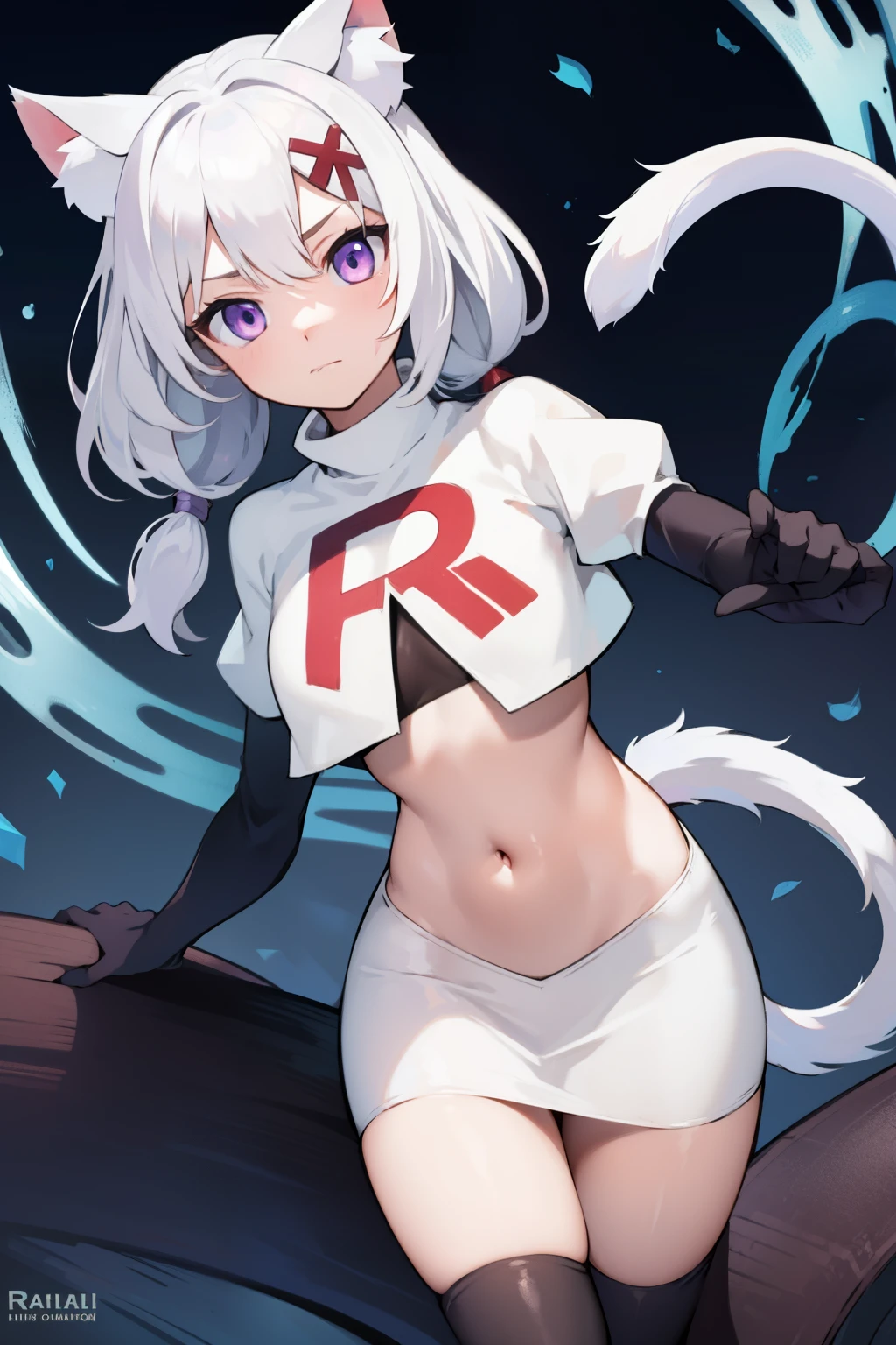 shyreifaolan, shyrei faolan, bangs, white hair, hair ornament, animal ears, twintails, (purple eyes:1.1), tail, ahoge, cat ears, cat tail, low twintails, facial mark, cat girl, tail ornament, medium hair,
team rocket,team rocket uniform, red letter R, white skirt,white crop top,black thigh-highs ,black elbow gloves
BREAK looking at viewer,
BREAK (masterpiece:1.2), best quality, high resolution, unity 8k wallpaper, (illustration:0.8), (beautiful detailed eyes:1.6), extremely detailed face, perfect lighting, extremely detailed CG, (perfect hands, perfect anatomy),