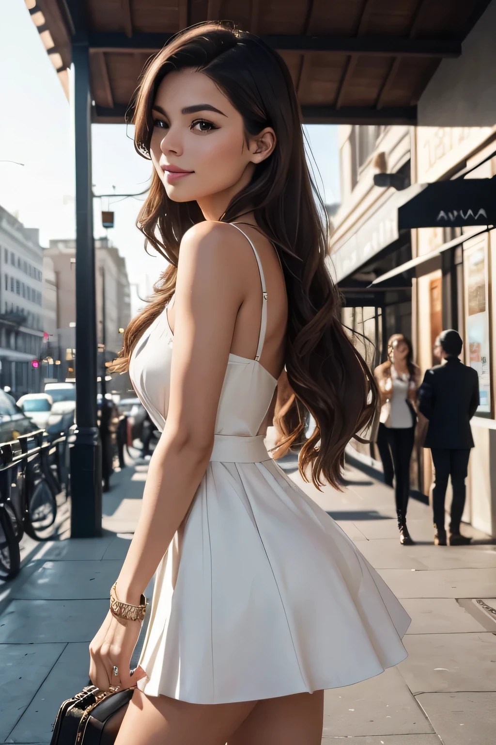 Ava, a fashion-forward trendsetter posing in a chic urban setting.Description: Ava has long, flowing brunette hair cascading down her shoulders, captivating hazel eyes that sparkle with confidence, and a radiant smile that lights up the frame, https://image.cdn2.seaart.ai/2024-02-06/cn10o15e878c73crcnng/e960d667d30d59899925e125eafc672537320a09_high.webp, .Description: The reel offers a condensed glimpse into Ava's action-packed day, combining fast-paced clips of her coffee rituals, fashion shoots, and red carpet appearances. The upbeat soundtrack complements the energetic vibe of the reel, capturing the essence of Ava's vibrant lifestyle and fashion-forward adventures.