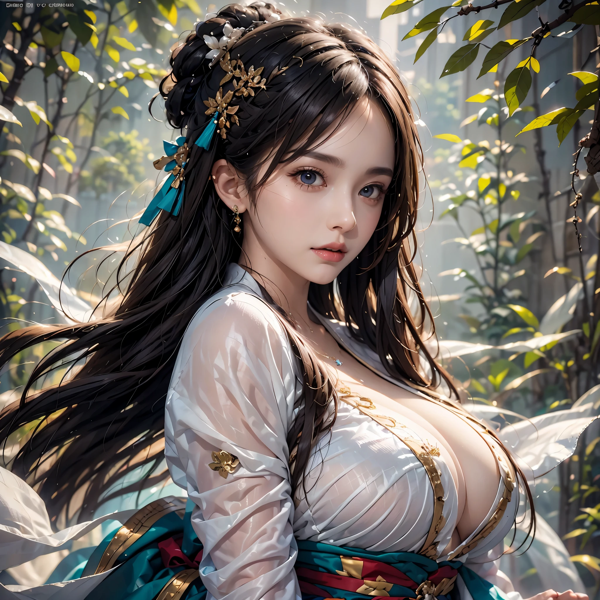 lifelike, high resolution, 1 female, Buttocks up, beautiful eyes, long hair, eye socket, jewelry, 白髮, V-neck, huge breasts, Upper body, hanfu, Chinese fairy, Taoist clothing