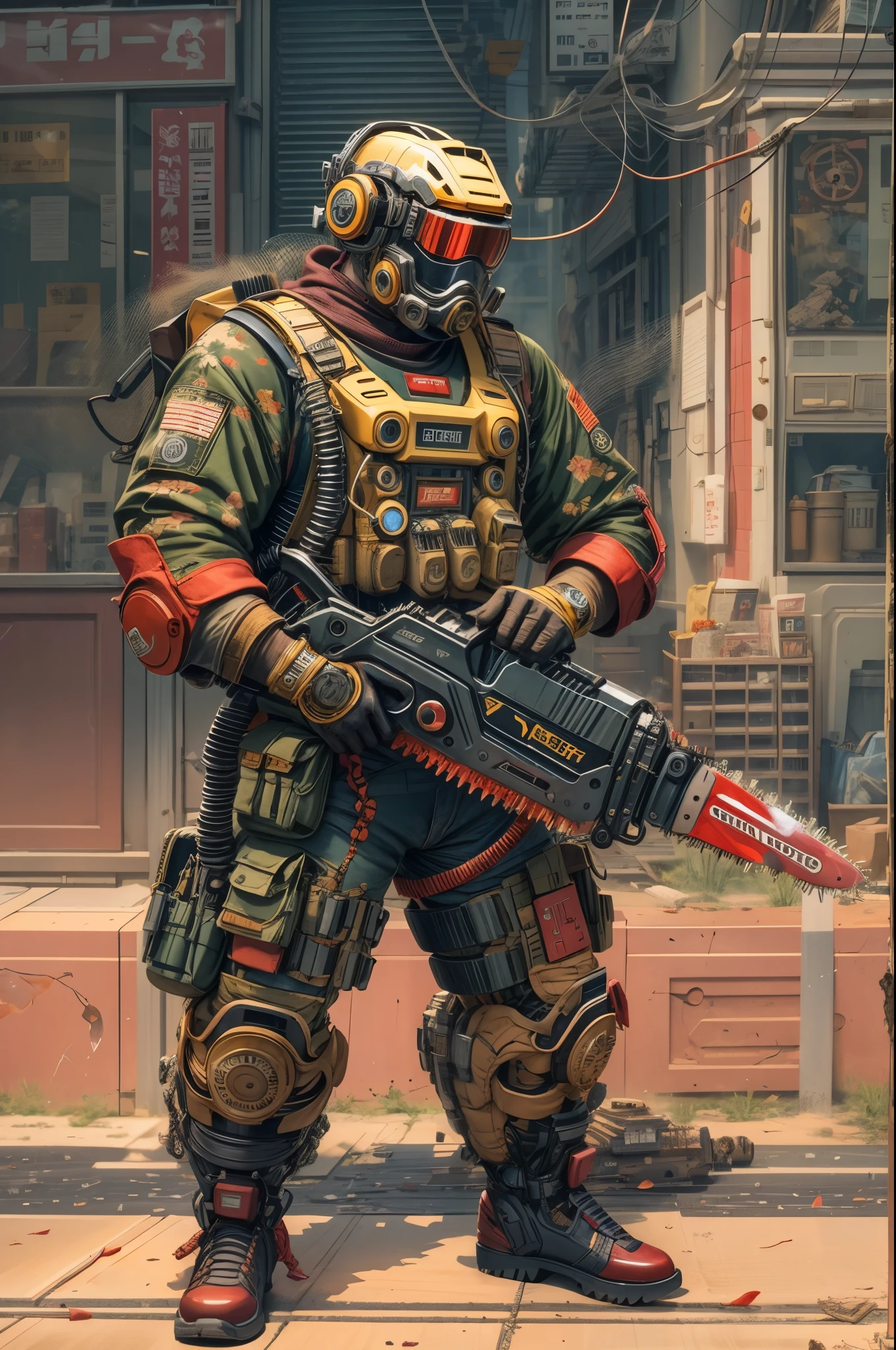 special ops, (Chain saw in hand:1.5，chainsaw man:1.5,red white and gold style),Shabby mechanical suit，cyberpunk，Metal，circuit，cybernetics，clear focus，soft light，Vibrant colors，(war streets：1.1)，dynamic perspective，fighting stance，8k，Unreal Engine style rendering,masterpiece