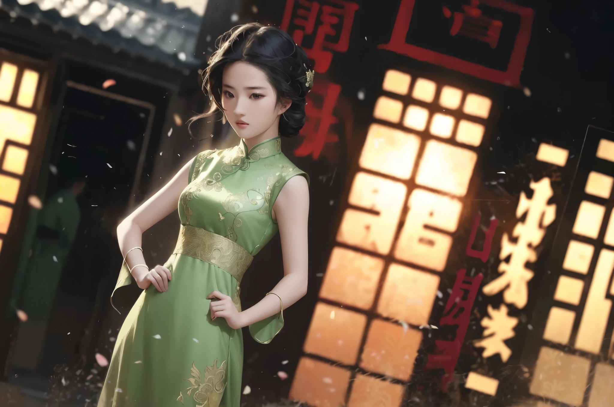 liuyifei, 1girl, Solo, green tradition Chinese dress, hand on hip, flat chest, outdoors, cityscape, Simple background, White background,