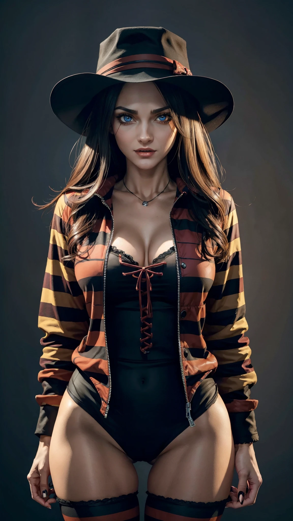 a female version of Freddy Krueger, totally realistic, always repeating the same face, always repeating the same appearance, always repeating the same proportions, always repeating the same outfit, ((alone)), full body, very detailed face, very detailed eyes , very detailed irises, ass view, very hot