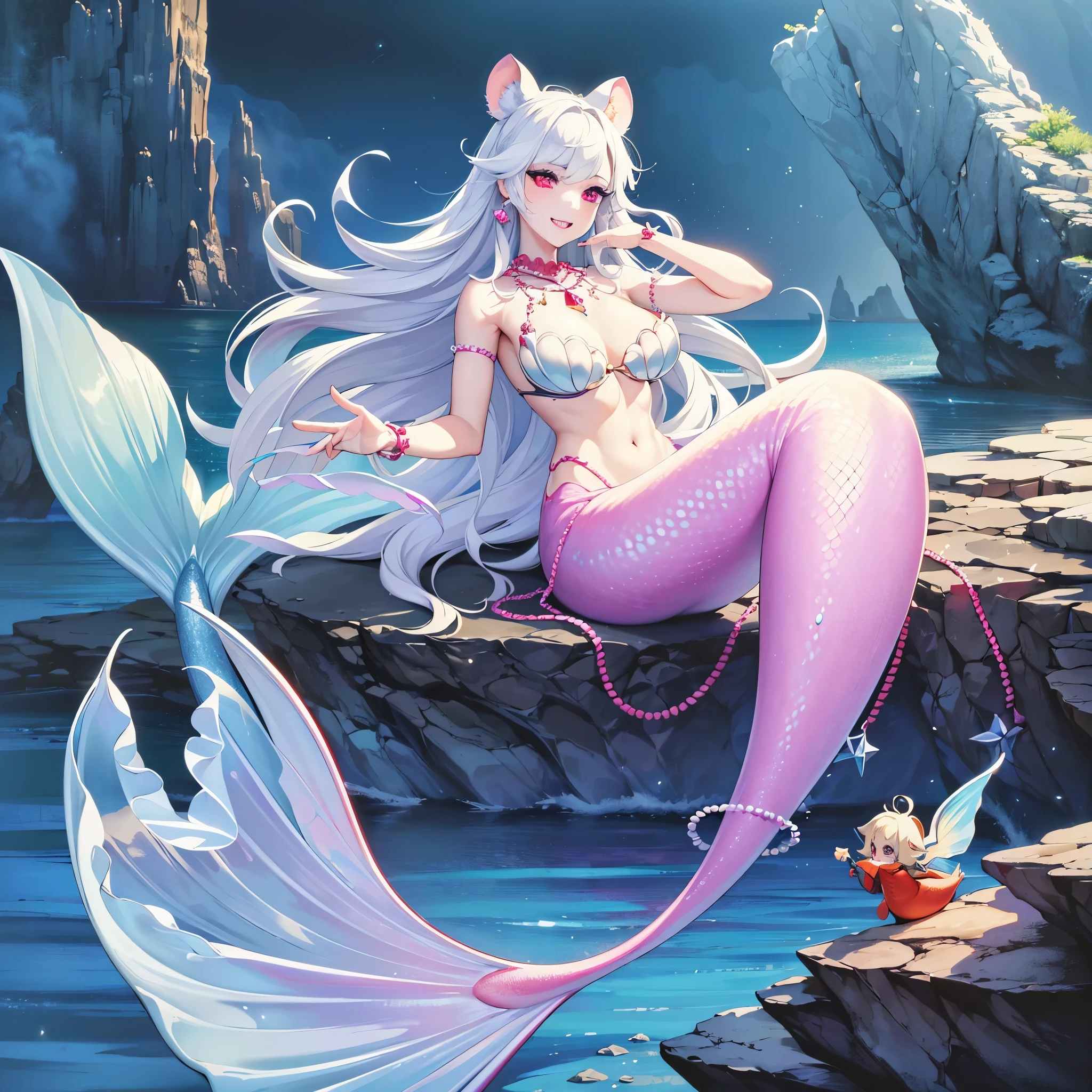(best quality,4k,8k,highres,masterpiece:1.2),ultra-detailed,(realistic,photorealistic,photo-realistic:1.37), Pretty anthropomorphic albino mouse girl magically transformed into a beautiful mermaid, race swap, fantastic transformation, sharp teeth, is smiling, drawn in anime style, steampunk, fishlike, looks wet, very long curly white hair, red eyes, white fur, slim body, whiskers, mouse ears, mermaid tail below waistline, knee less, shimmering fish scales, pelvic and dorsal fins, a pair of fish gills on her torso, seashells bra, pearl earrings and bracelets, pearl necklace, joyful expression, playful mermaid poses, sparkling water, water reflections, ethereal atmosphere, subtle glow, whimsical and enchanting, resting on a rock, ocean surface, Highly detailed, masterpiece, high quality, 4K.