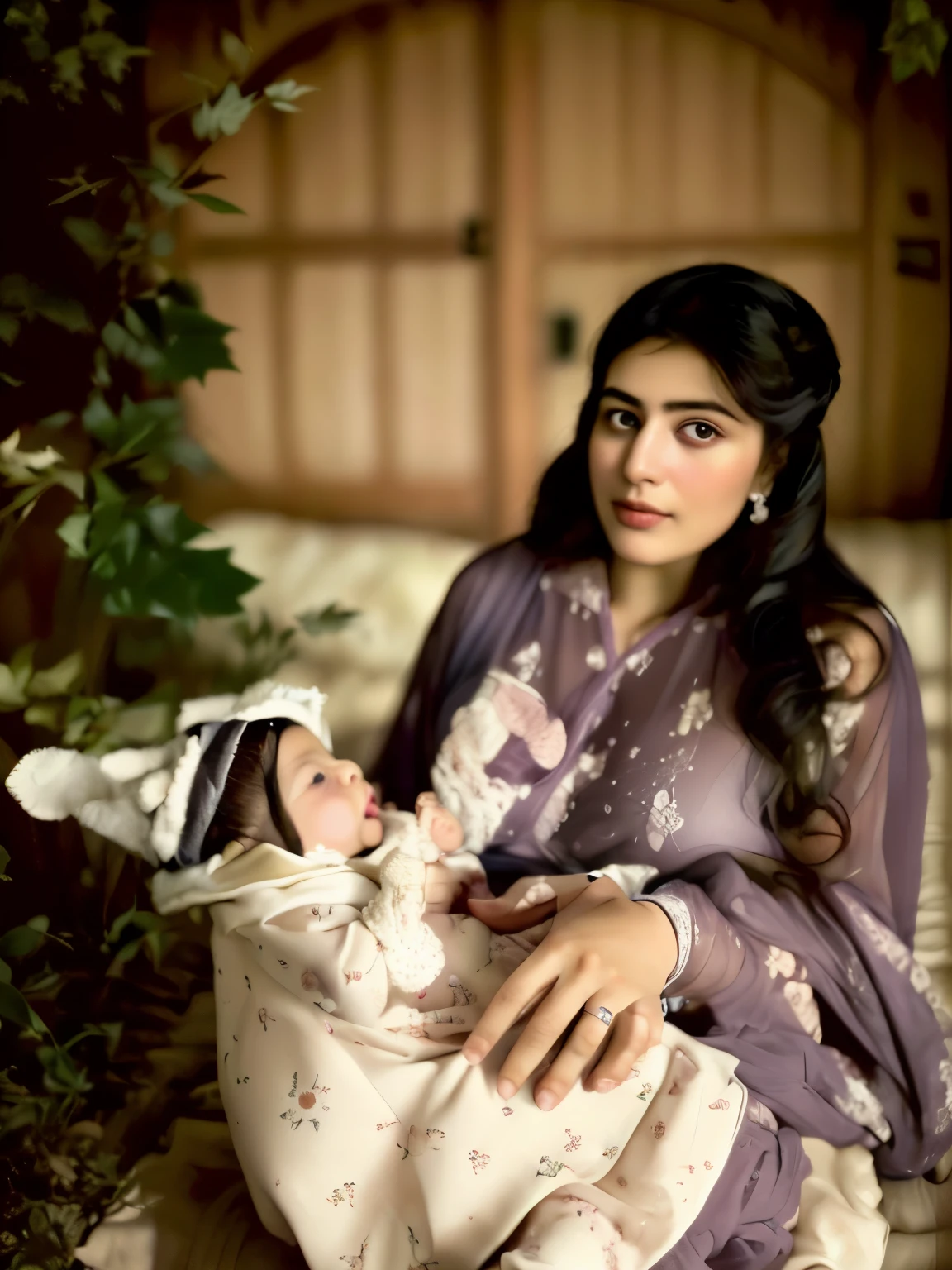 there is a woman holding a baby in her arms, maternal photography 4 k, edited,portrait image,with a kid, photo taken with nikon d750, photo taken with nikon d 7 5 0, alternate album cover, maternal, by Riza Abbasi