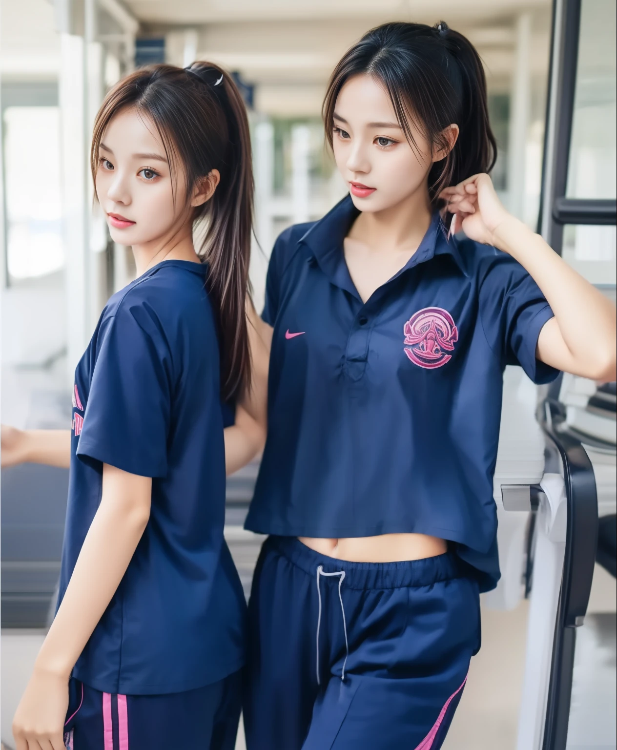3 girls in fitness center, Navy blue short-sleeved shirt,Navy Long Trackpant,Sweatpants, Sweatpantsขายาว,25 year old girl, lesbian, sexy, exercise clothes, wet body, exercise clothes