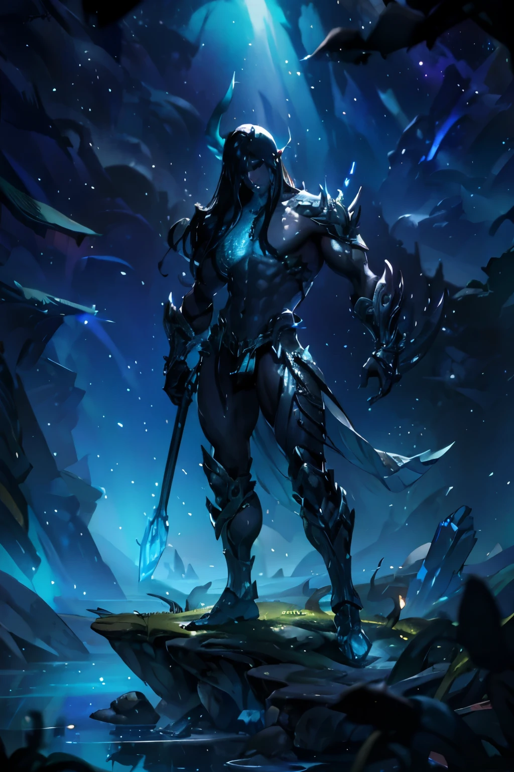 (best quality, highres), detailed, muscular half-triton monster man with iridescent scales, long flowing black hair, heavily detailed, nearly naked, missing one hand, dark gray skin, menacing, full body