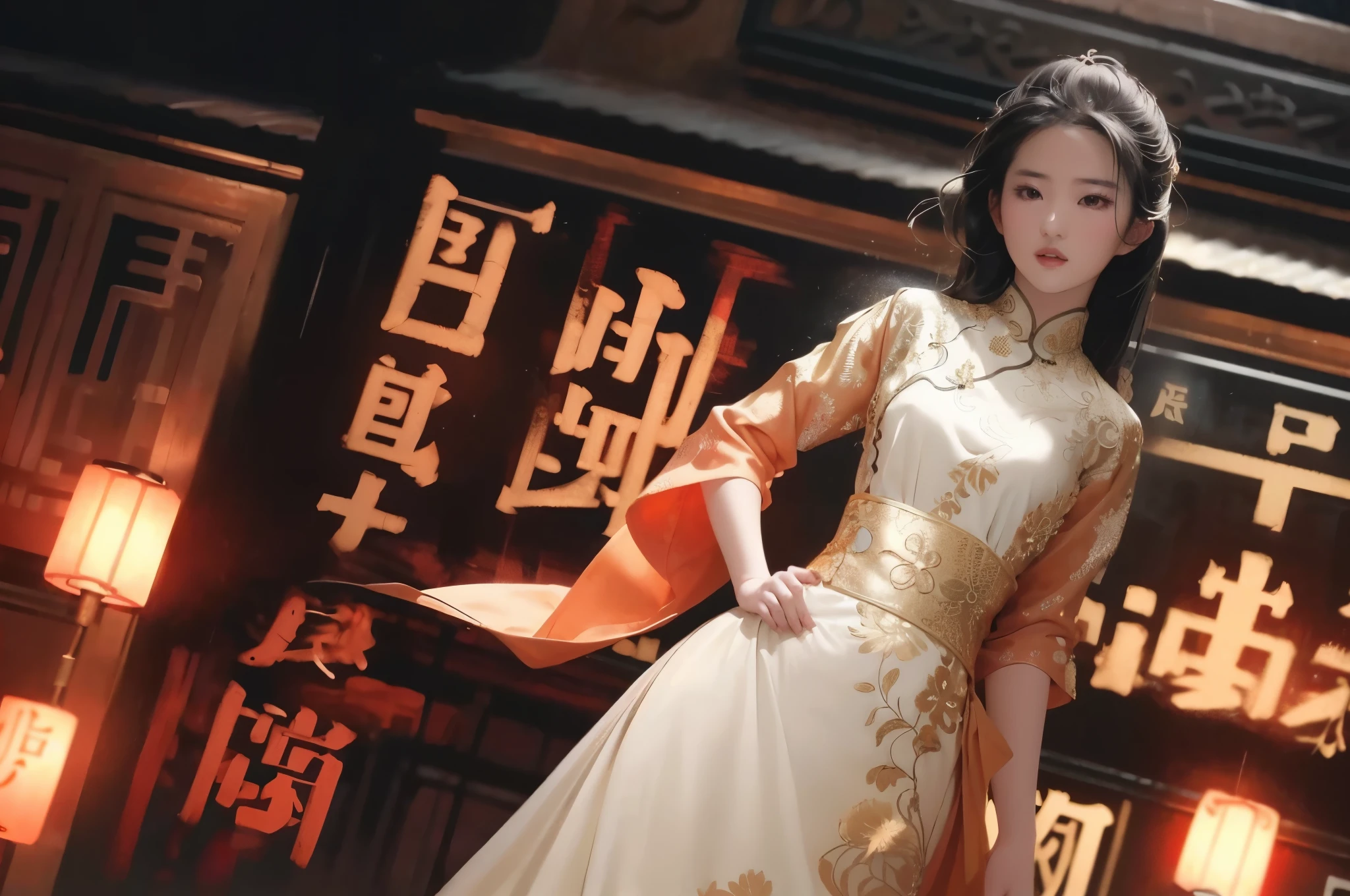 liuyifei, 1girl, Solo, orange tradition Chinese dress, hand on hip, flat chest, cityscape, Simple background, White background,