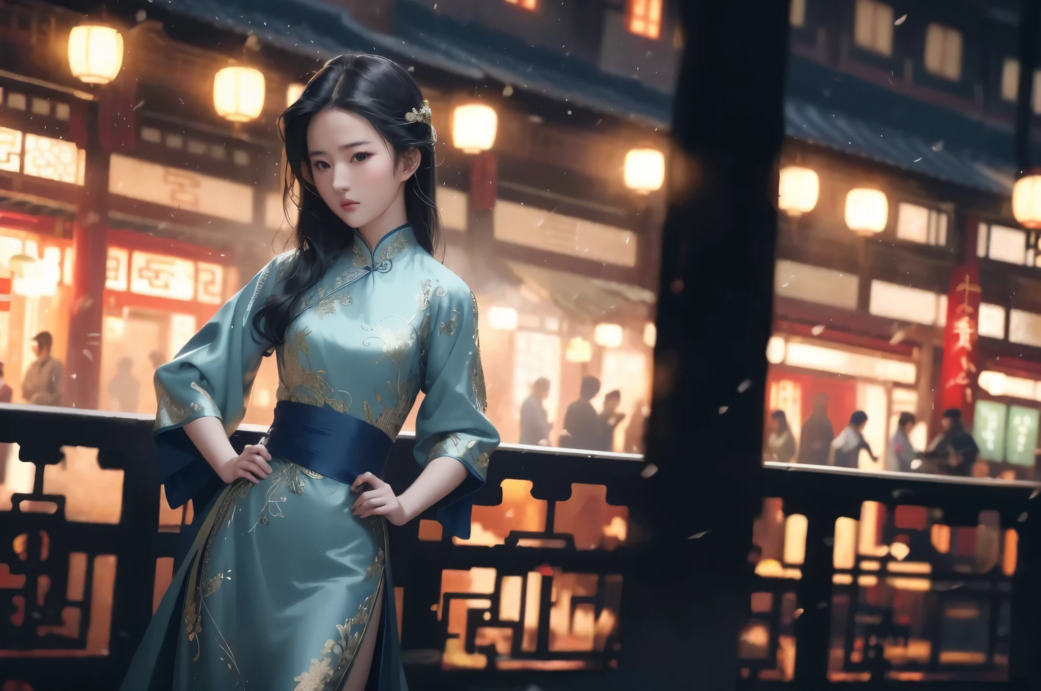 liuyifei, 1girl, Solo, blue tradition Chinese dress, hand on hip, flat chest, outdoors, cityscape, Simple background, White background,