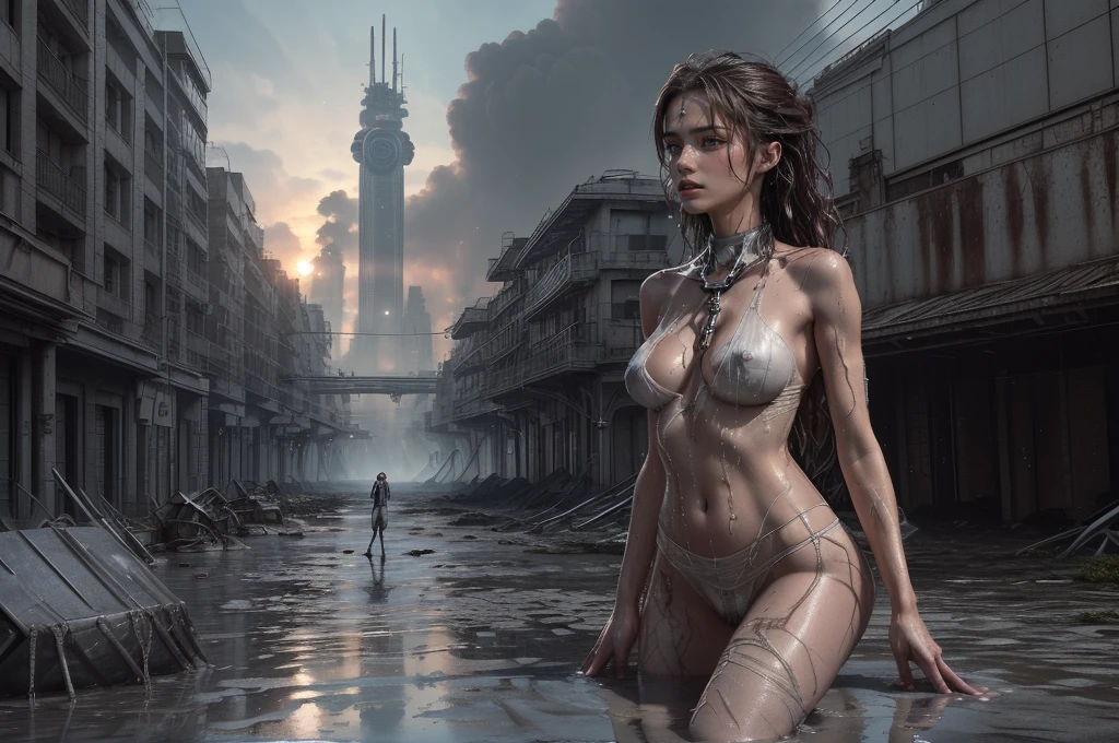 Ultra-realistic 16K CG, masterpiece, Best Composition, Photo quality, work of art, a lot of details, 8K, very detailed, one character, distant fantasy, cyberpunk, beautiful blonde 25 years old Woman, stands at attention, ((((lip filler__)), on the shoulders there is a torn white wet sheet, natural nipples, Skinny body, on the knees, (low percentage of body fat), skin texture, Beautiful long legs, hyper-detailed, crazy details, wet, sweaty body, mud on tel, blood on body, cuts and abrasions on the body and face, skin texture, high detail, a high resolution, rain, very frozen, see through, nipples sticking out, Wet hair, There are no panties, There is no bra, on the roof, Moss on the walls, flowers, flood, Fully naked, Vagina open, there are no ropes on the vagina, Naked, Hands behind your back, Sad face, fear, Shibari, Hands Tied, ropes on hands, ropes on elbows, there are no ropes on my legs, There are no hands in sight, elbows behind your back, Arms bent at elbows, against the backdrop of a beautiful futuristic fantasy city in the style of Coruscant from Star Wars by John Lucas, war, there is a battle going on, the city is attacked by sky dreadnoughts, fire from the sky, Explosions, buildings are burning, rays from tracer shells in the sky, a downed dreadnought is burning in the background, debris, there is a battle going on, fog, Science fiction, Huge fantastic skyscrapers in the background, space elevator towers, очень high detail заднего фона, A lot of small details, A busy street, a lot of passers-by, the sky is gloomy from burning, molten metal flows into water, fuel burns in water., two soldiers escort a slave, neck collar with chain, in the background a mechanical spider shoots into the sky, Raped, on the face of sperm, sperm pours out of the vagina, cum pours out of mouth, city with many cranes in the background, realistic apocalyptic war scene, Post-apocalyptic hellscape, urban swamp, 