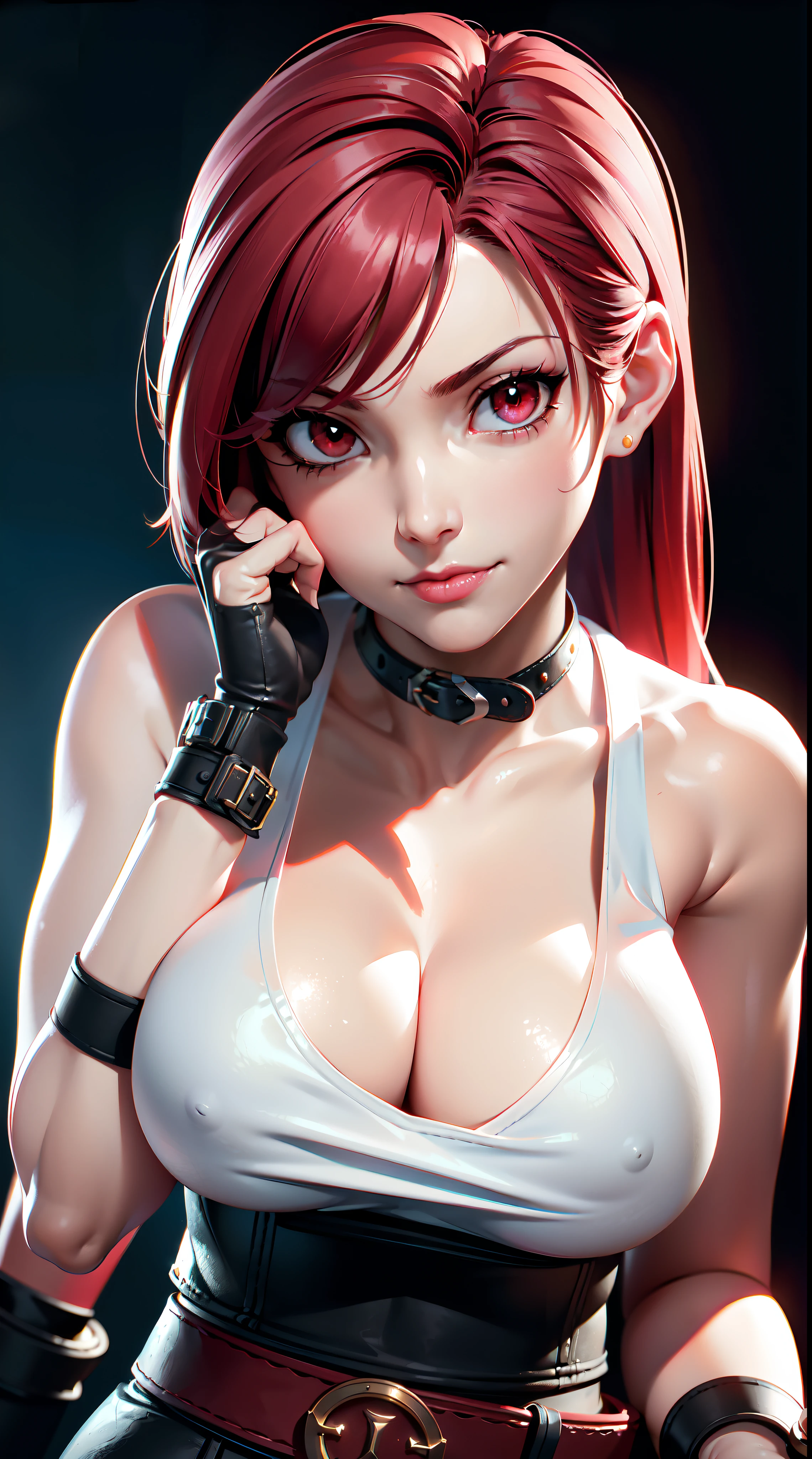 (8k, melhor qualidade, obra de arte:1.2), (realista, photo-realista:1.37), ultra-detalhado, 1 garota,Bonitinho, Sozinho, (tifa lockhart), (seios enormes:1.5), mamilos eretos perfeitos, ,(beautiful detailed olhos), (sorriso:1.2), (boca fechada), erotic pose, , profundidade de campo, sombras escuras intensas, sharp focus, profundidade de campo, good composition, luz verde brilhante, fantasia final vi, (top branco, top decotado, decote:1.3), (mini saia de couro preto com cinto:1.3) (Vermelho gloves and boots) (retrato da parte superior do corpo:1.5), head rest, lips, cara bonita, cabelo longo preso baixo, ((Vermelho_olhos:1.3)), (noite:1.2), Intricado, Bokeh, cinematic lighting, Photon mapping, radiosidade, Physically based rendering, (Estilo Tetsuya Nomura), NSFW, seios perfeitos, Vista de cima
