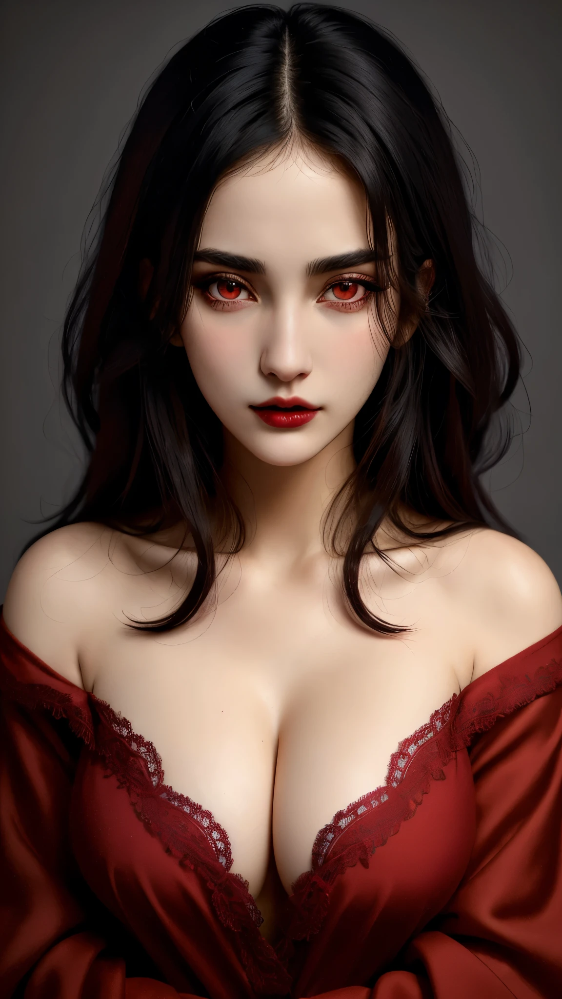 (best quality, hyperdetailed photography:1.2), beautiful lady, freckles, gothic,dark makeup, soft light, (massive perfect breast), cover, (detailed beautiful face, detail skin texture, ultra-detailed body:1.1) (sexy vampire girl), red eyes, closeup portrait,,, moonlight,,, dark fantasy,