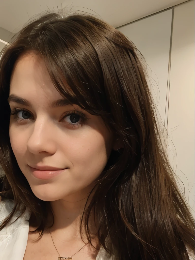 A 25-year-old woman, her brunette hair, her charming look, she is in different positions, photo taken on an iphone in normal quality