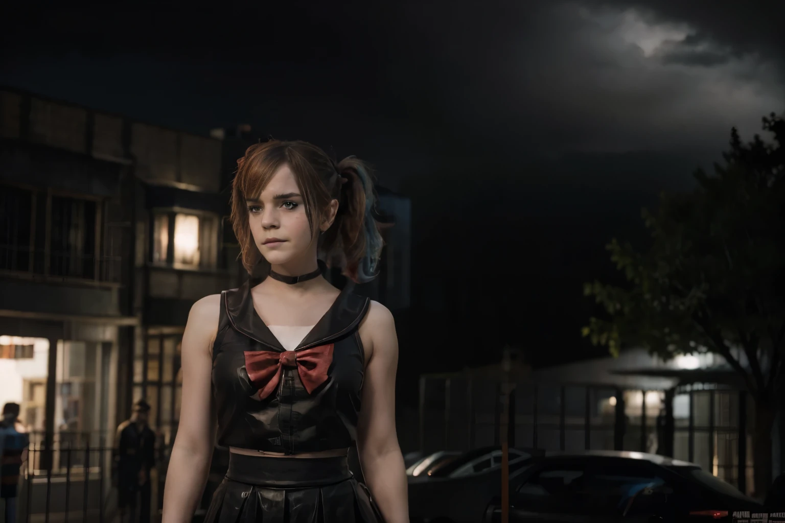 emma watson as harley quinn, near buildings, looking down with contempt, talking to someone, photorealistic, cinematic, (overcast) (front view) (full body angle) (close up) 4k resolution, hyperdetailed, cinematic scene composition by james gunn