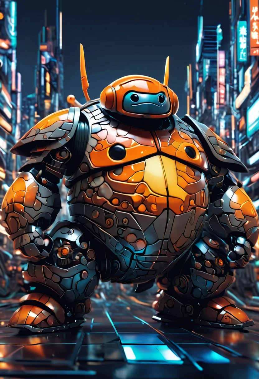 (masterpiece, best quality:1.2). (Sumo mecha warrior).Please provide a detailed description of a futuristic magical creature that incorporates elements of mechanics, robots, and cyborgs. Include its appearance, abilities, behavior, and any unique characteristics that make it stand out. The description should evoke a sense of wonder and fascination with the creature's futuristic city landscape.Never seen before. Zentangle. Action, over city, cars, motorcycles, buses, 3d crunh, huge mecha warrior in a pixar style animation, orange, gray, brown. In Japan, rising Sun, danger, war, ultradetail background,