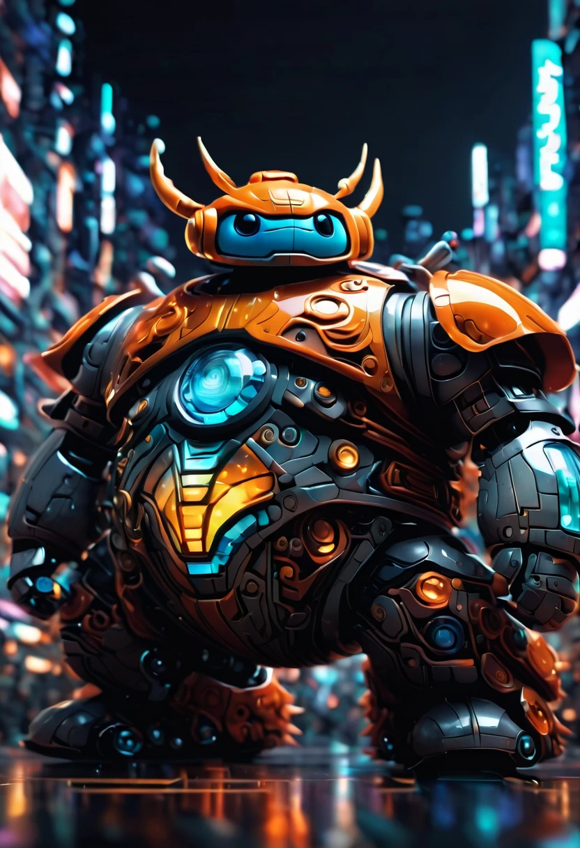 (masterpiece, best quality:1.2). (Sumo mecha warrior).Please provide a detailed description of a futuristic magical creature that incorporates elements of mechanics, robots, and cyborgs. Include its appearance, abilities, behavior, and any unique characteristics that make it stand out. The description should evoke a sense of wonder and fascination with the creature's futuristic city landscape.Never seen before. Zentangle. Action, over city, cars, motorcycles, buses, 3d crunh, huge mecha warrior in a pixar style animation, orange, gray, brown. In Japan, rising Sun, danger, war, ultradetail background,
