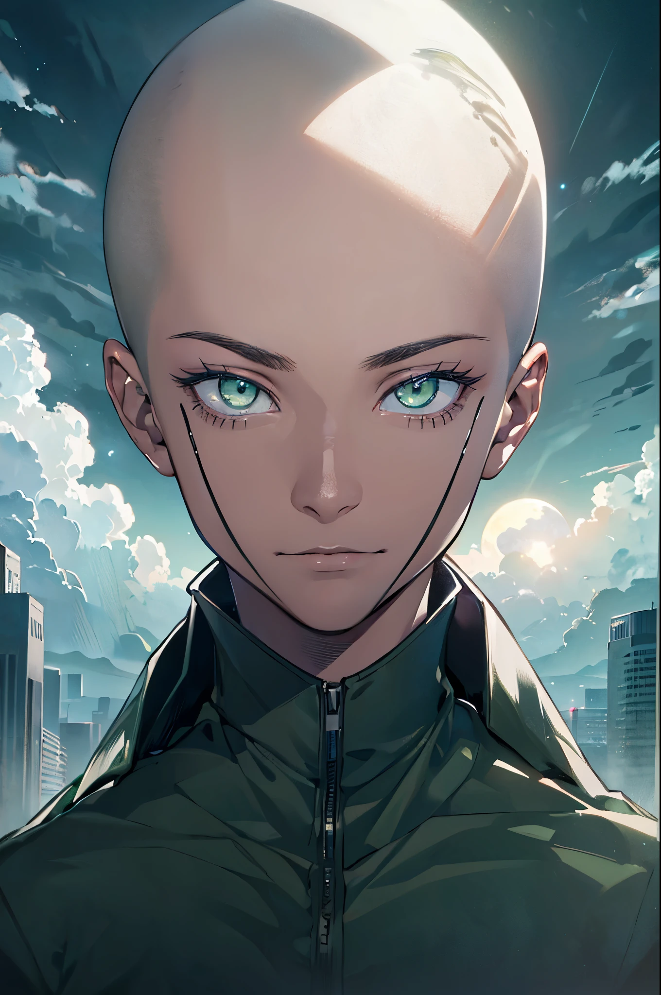 masterpiece, best quality, ((1boy)), (colorful), (finely detailed beautiful eyes and detailed face),cinematic lighting,extremely detailed CG unity 8k wallpaper, sky, cloudy_sky, building, moonlight, moon, night, (dark theme:1.3), light, fantasy, ((dark green Eyes)) ((Bald))