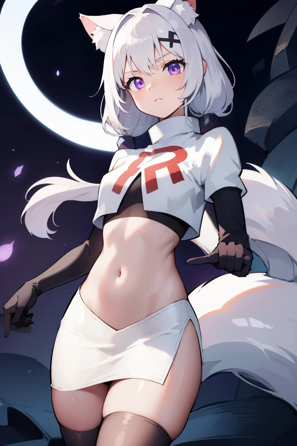 shyreifaolan, shyrei faolan, bangs, white hair, hair ornament, animal ears, twintails, (purple eyes:1.1), tail, ahoge, cat ears, cat tail, low twintails, facial mark, cat girl, tail ornament, medium hair,
team rocket,team rocket uniform, red letter R, white skirt,white crop top,black thigh-highs ,black elbow gloves
BREAK looking at viewer,
BREAK (masterpiece:1.2), best quality, high resolution, unity 8k wallpaper, (illustration:0.8), (beautiful detailed eyes:1.6), extremely detailed face, perfect lighting, extremely detailed CG, (perfect hands, perfect anatomy),