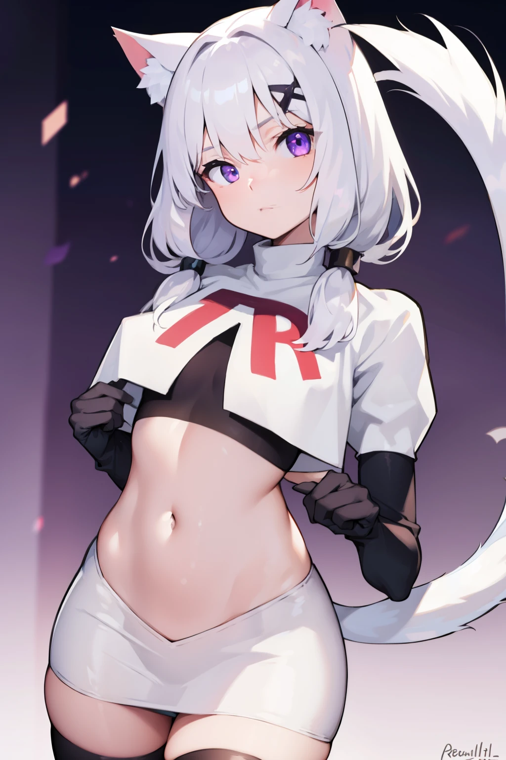 shyreifaolan, shyrei faolan, bangs, white hair, hair ornament, animal ears, twintails, (purple eyes:1.1), tail, ahoge, cat ears, cat tail, low twintails, facial mark, cat girl, tail ornament, medium hair,
team rocket,team rocket uniform, red letter R, white skirt,white crop top,black thigh-highs ,black elbow gloves
BREAK looking at viewer,
BREAK (masterpiece:1.2), best quality, high resolution, unity 8k wallpaper, (illustration:0.8), (beautiful detailed eyes:1.6), extremely detailed face, perfect lighting, extremely detailed CG, (perfect hands, perfect anatomy),