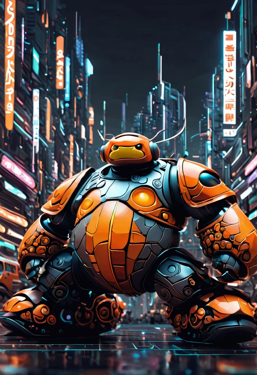 (masterpiece, best quality:1.2). (Sumo mecha warrior).Please provide a detailed description of a futuristic magical creature that incorporates elements of mechanics, robots, and cyborgs. Include its appearance, abilities, behavior, and any unique characteristics that make it stand out. The description should evoke a sense of wonder and fascination with the creature's futuristic city landscape.Never seen before. Zentangle. Action, over city, cars, motorcycles, buses, 3d crunh, huge mecha warrior in a pixar style animation, orange, gray, brown. In Japan, rising Sun, danger, war, ultradetail background,
