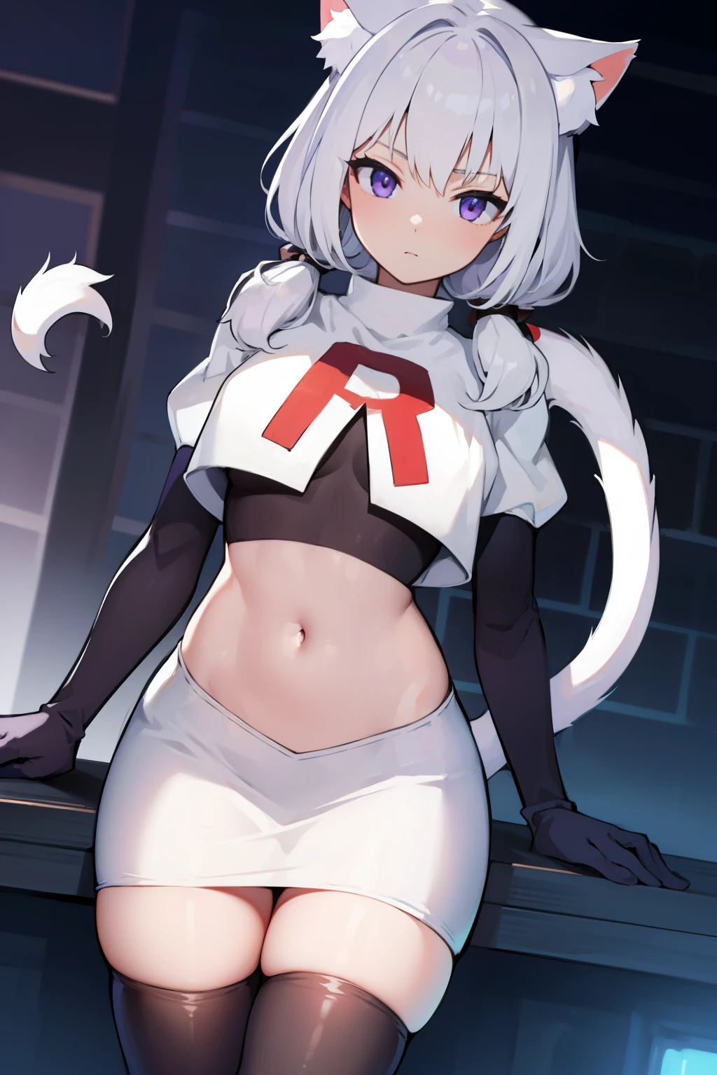 shyreifaolan, shyrei faolan, bangs, white hair, hair ornament, animal ears, twintails, (purple eyes:1.1), tail, ahoge, cat ears, cat tail, low twintails, facial mark, cat girl, tail ornament, medium hair,
team rocket,team rocket uniform, red letter R, white skirt,white crop top,black thigh-highs ,black elbow gloves
BREAK looking at viewer,
BREAK (masterpiece:1.2), best quality, high resolution, unity 8k wallpaper, (illustration:0.8), (beautiful detailed eyes:1.6), extremely detailed face, perfect lighting, extremely detailed CG, (perfect hands, perfect anatomy),