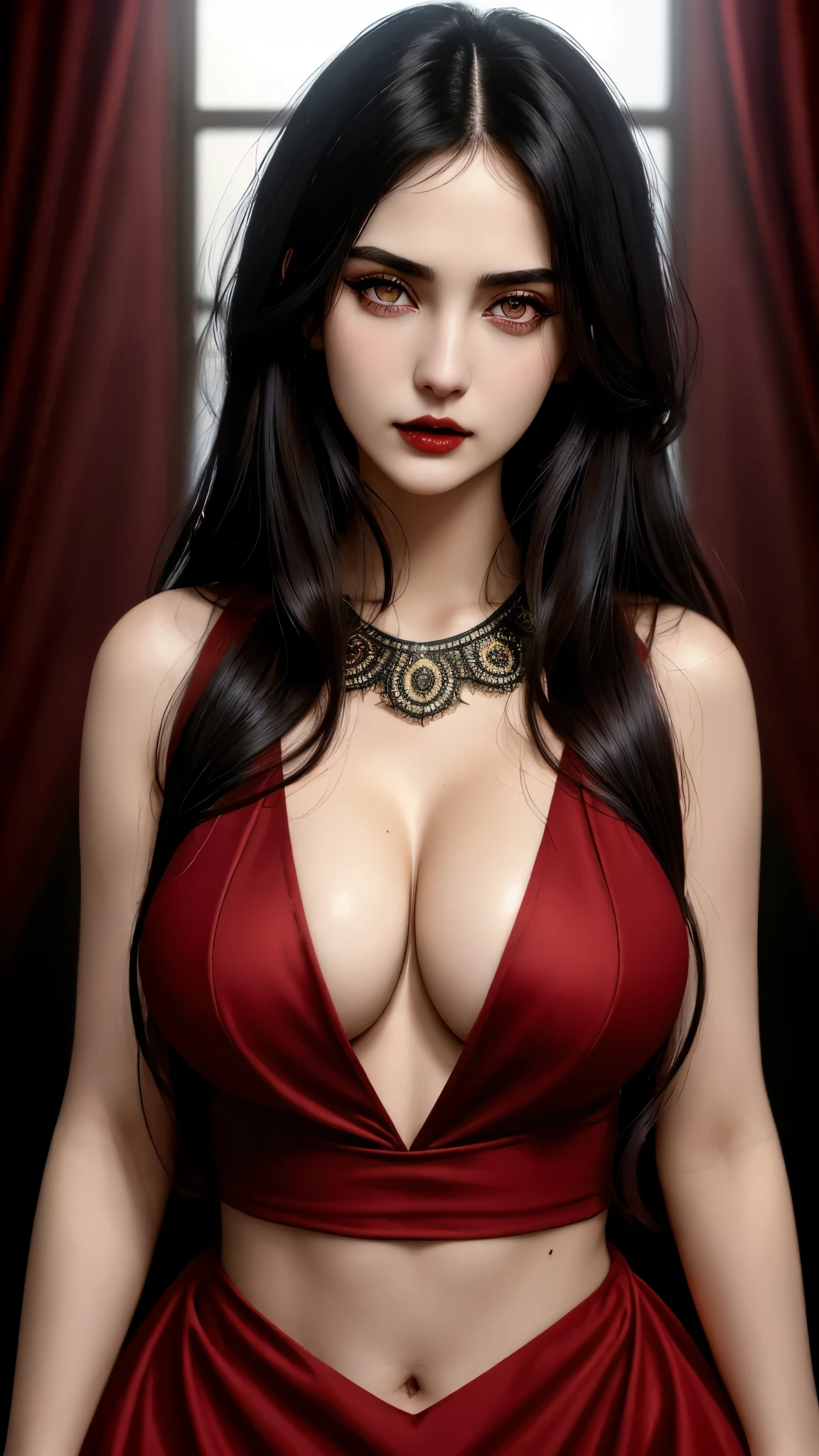 (best quality, hyperdetailed photography:1.2), beautiful lady, ,red eyes , black hair,dark makeup, soft light, snoopy breast,head and breast portrait, cover, (detailed beautiful face, detail skin texture, ultra-detailed body:1.1) sexy vampire girl,, massive perfect breast, closeup portrait, sexy woman, red tank top,, luxurious lifestyle, luxurious dress 