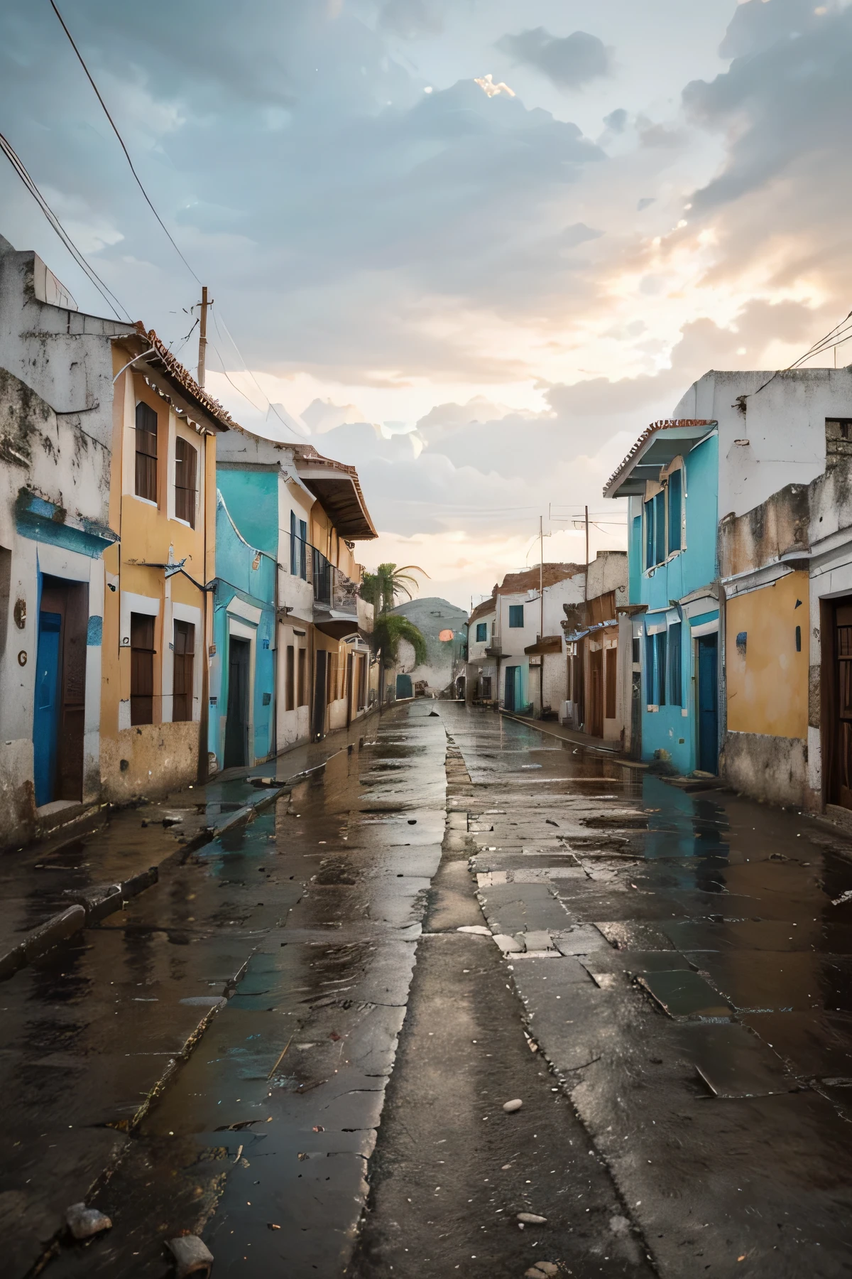 crea imagen vista pueblo yucateco colonial muy antiguo calle de tierra pocas casas abandonadas de piedra y paja noche lluvia siglo xvii 3d renderizado