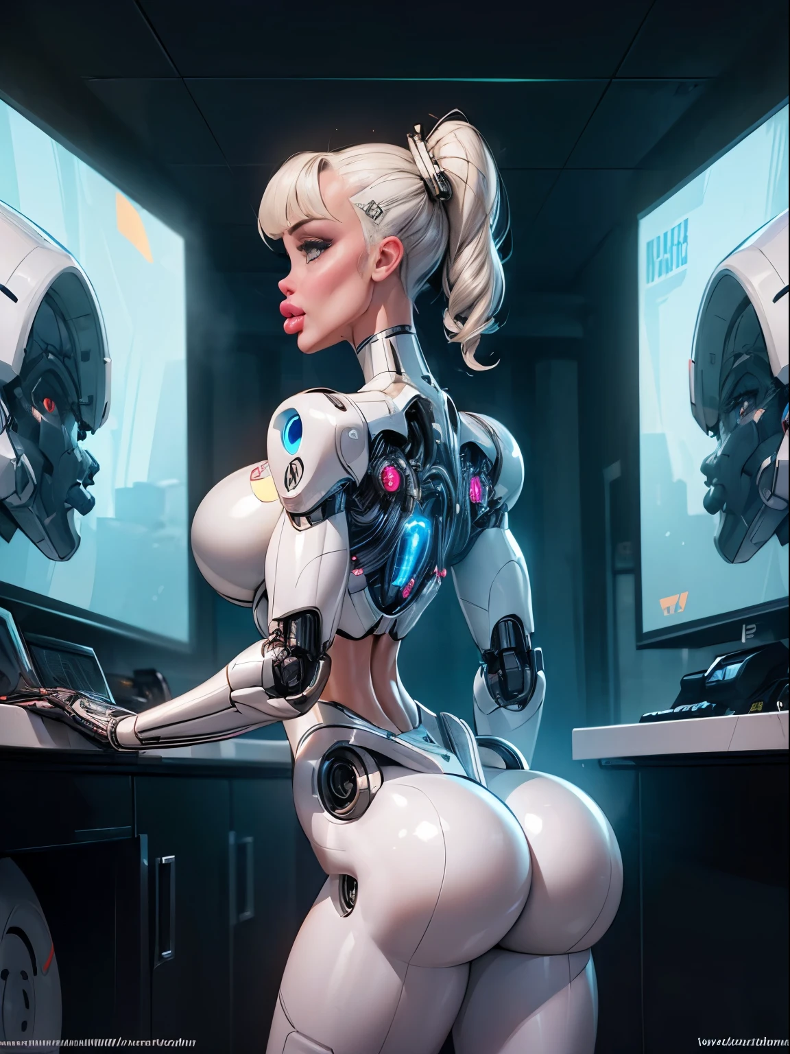 ((Back profile:1.3)), turning head looking to viewer, There is a woman in a robot suit ((posing next to an futuristic Roman building)), Beautiful white girl half cyborg, Cute cyborg girl, Beautiful girl cyborg, (aletta ocean face), (puffy lips), Perfect Robot Girl, Cyborg girl, (ass air bags), intricate details on ass, Young cyborg lady, (ass cleavage), Beautiful Female Robot, ((cybernetic abs:1.2)), intricate holes on ass, Beautiful robot woman, cyborg girl, perfect cyborg female, ((porcelain cyborg)), Female robot, Beautiful cyborg images, (cinematic lighting)