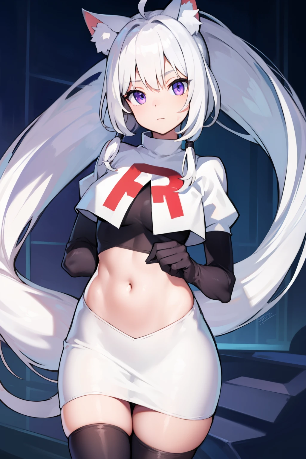 shyreifaolan, shyrei faolan, bangs, white hair, hair ornament, animal ears, twintails, (purple eyes:1.1), tail, ahoge, cat ears, cat tail, low twintails, facial mark, cat girl, tail ornament, medium hair,
team rocket,team rocket uniform, red letter R, white skirt,white crop top,black thigh-highs ,black elbow gloves
BREAK looking at viewer,
BREAK (masterpiece:1.2), best quality, high resolution, unity 8k wallpaper, (illustration:0.8), (beautiful detailed eyes:1.6), extremely detailed face, perfect lighting, extremely detailed CG, (perfect hands, perfect anatomy),