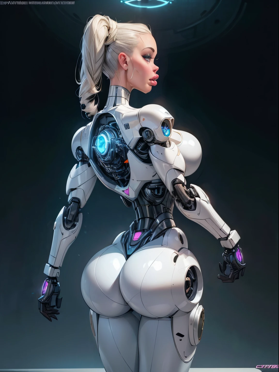 ((Back profile:1.3)), turning head looking to viewer, There is a woman in a robot suit ((posing next to an futuristic Roman building)), Beautiful white girl half cyborg, Cute cyborg girl, Beautiful girl cyborg, (aletta ocean face), (puffy lips), Perfect Robot Girl, Cyborg girl, (ass air bags), intricate details on ass, Young cyborg lady, (ass cleavage), Beautiful Female Robot, ((cybernetic abs:1.2)), intricate holes on ass, Beautiful robot woman, cyborg girl, perfect cyborg female, ((porcelain cyborg)), Female robot, Beautiful cyborg images, (cinematic lighting)