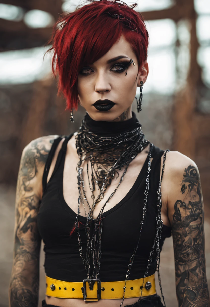 girl in black clothes with barbed wire around her body, cyber goth, short hair with short straight bangs, chains around her body and tattoos on her neck, detailed yellow eyes, pretty face, red hair
