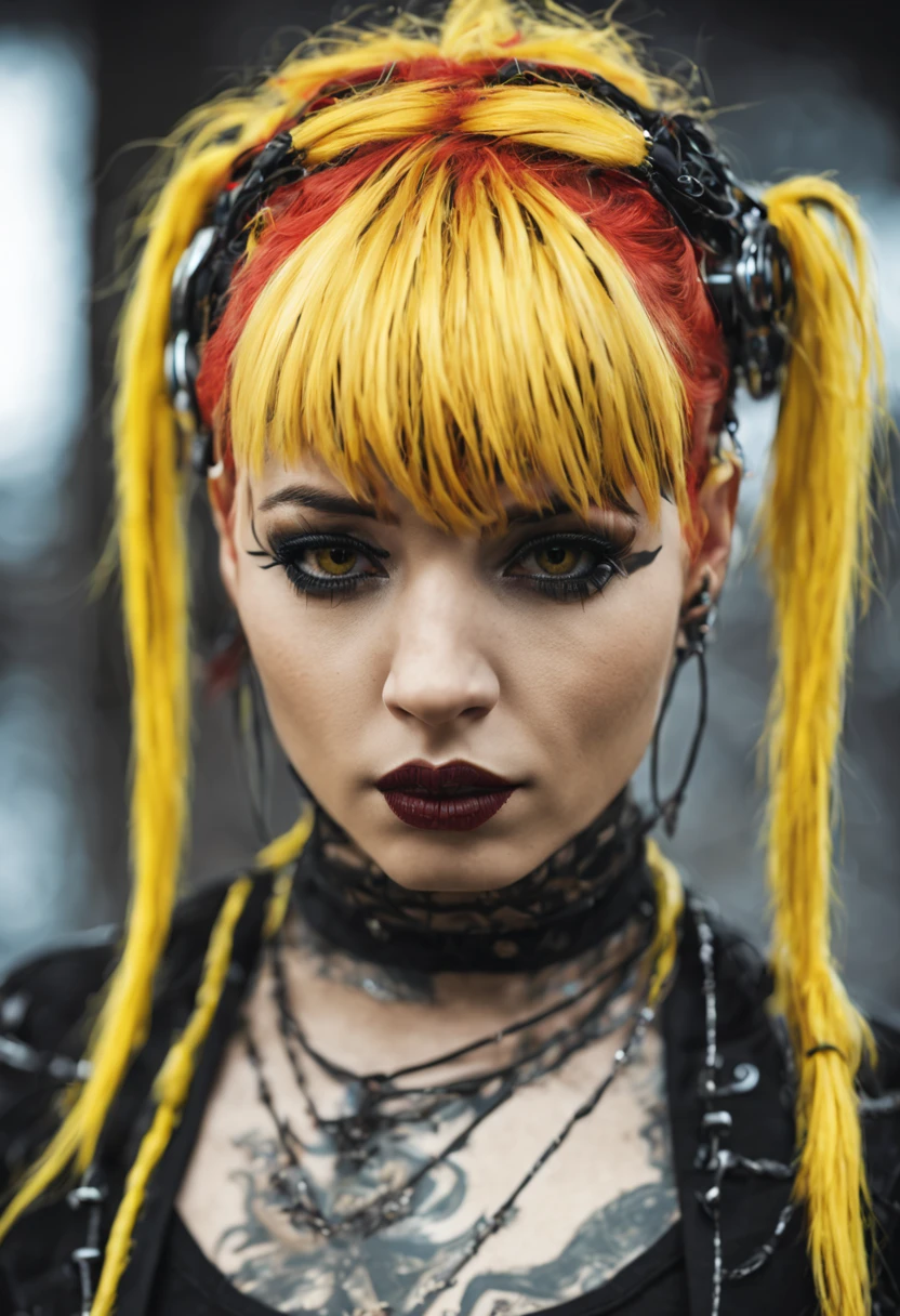 girl in black clothes with barbed wire around her body, cyber goth, short hair with short straight bangs, chains around her body and tattoos on her neck, detailed yellow eyes, pretty face, red hair