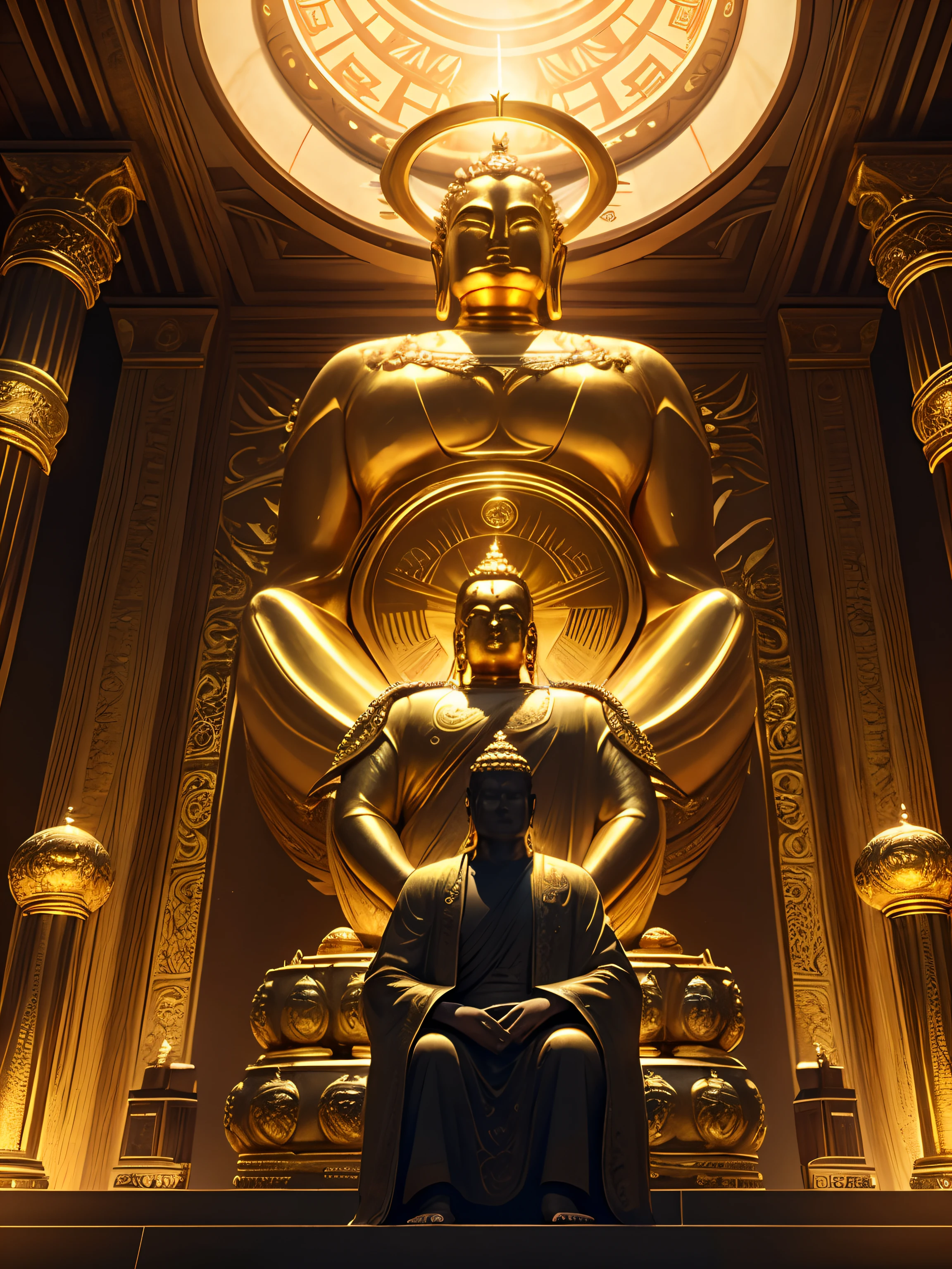 Highly detailed portrait of a huge golden Buddha with the halo of the sun god,golden colored,unreal-engine,The Art of Mark Leyden,Lost fish,Earl Nolen,globalillumination,God Ray,detailed and complex environment,Elden ring style