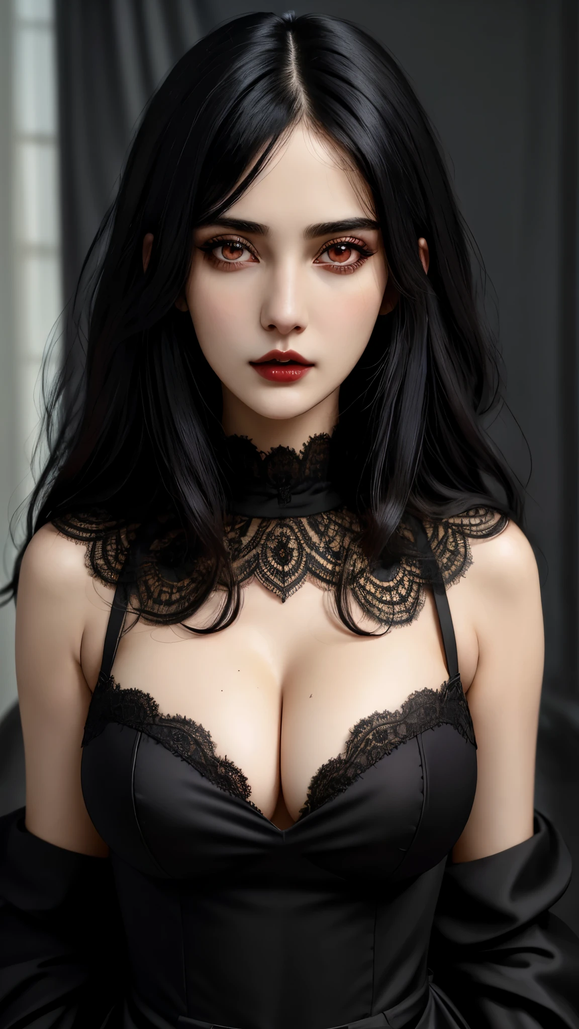 (best quality, hyperdetailed photography:1.2), beautiful lady, ,red eyes , black hair,dark makeup, soft light, snoopy breast,head and breast portrait, cover, (detailed beautiful face, detail skin texture, ultra-detailed body:1.1) sexy vampire girl,, massive perfect breast, closeup portrait, sexy woman, ,, luxurious lifestyle, luxurious dress