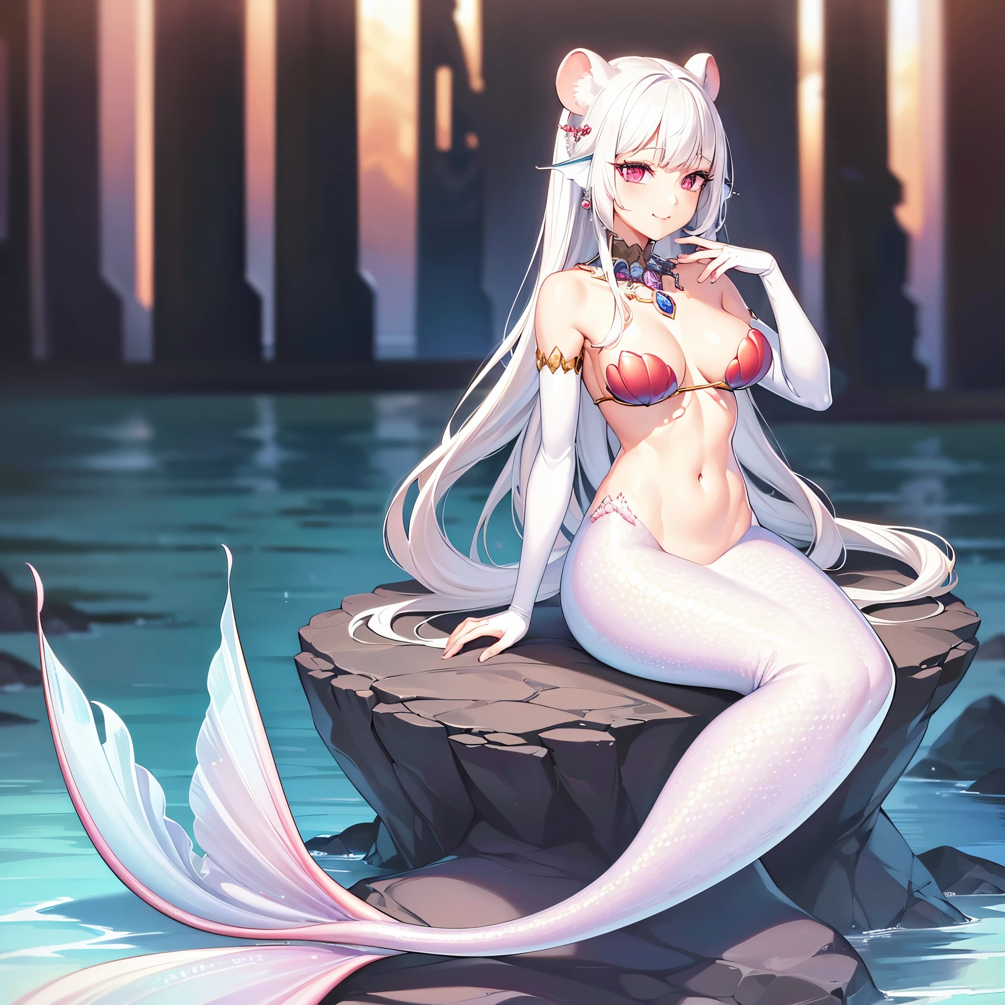 (best quality,4k,8k,highres,masterpiece:1.2),ultra-detailed,(realistic,photorealistic,photo-realistic:1.37), Pretty anthropomorphic albino mouse girl magically transformed into a beautiful mermaid, race swap, fantastic transformation, sharp teeth, is smiling, drawn in anime style, steampunk, fishlike, looks wet, very long curly white hair, red eyes, white fur, slim body, whiskers, mouse ears, mermaid tail below waistline, knee less, shimmering fish scales, pelvic and dorsal fins, a pair of fish gills on her torso, seashells bra, pearl earrings and bracelets, pearl necklace, joyful expression, playful mermaid poses, sparkling water, water reflections, ethereal atmosphere, subtle glow, whimsical and enchanting, resting on a rock, ocean surface, Highly detailed, masterpiece, high quality, 4K.