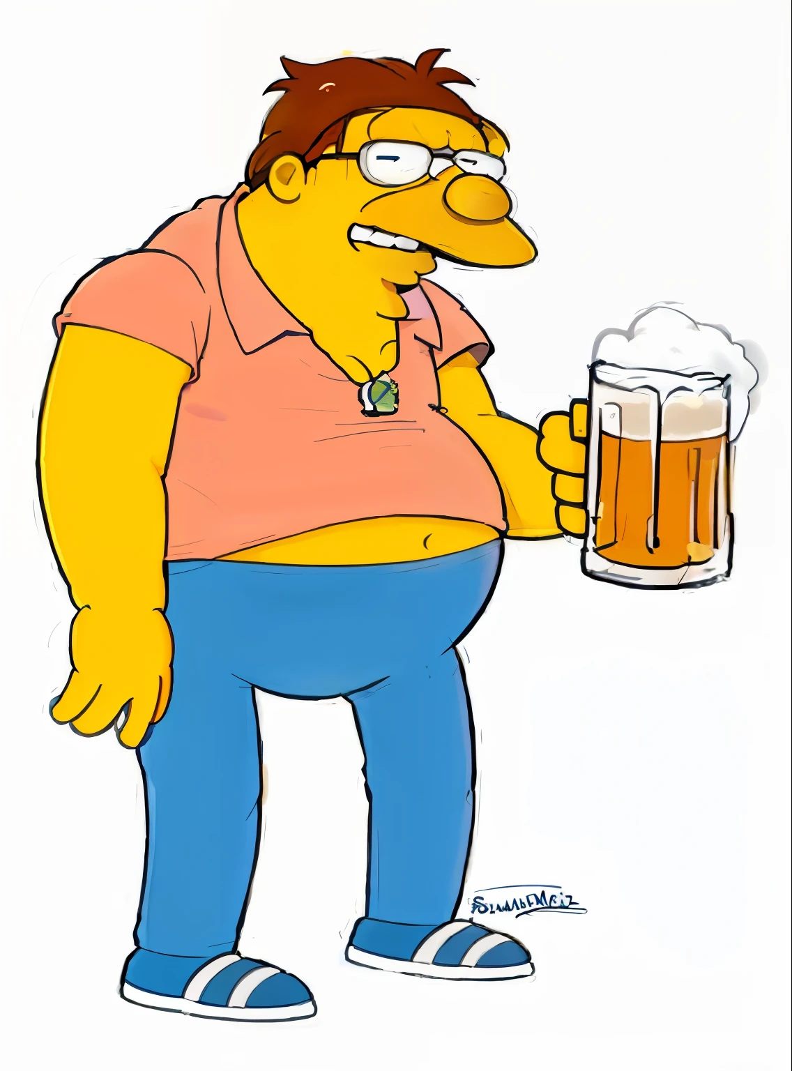 un hombre con un vaso de cerveza en la mano, Homero Simpson lookalike, Homero Simpson as a real person, Homero Simpson, as if Homero Simpson came to life, Homero Simpson style, Homero Simpson in real life, real life Homero Simpson, real-life Homero Simpson, Tipo de cuerpo de Peter Griffin, imagen filtrada, photorealistic Homero Simpson, Estilo Matt Groening