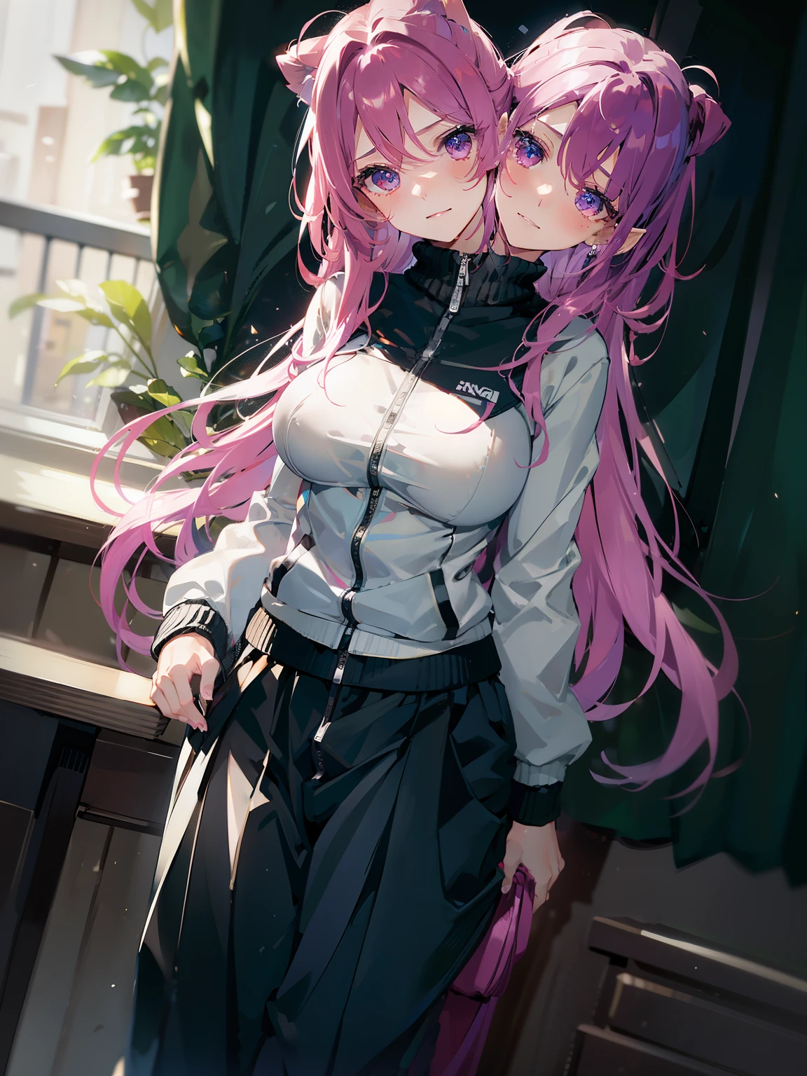 best quality, (masterpiece),(ultra-detailed), (high quality), (high resolution), ((2heads:1.5)), (magenta hair), (glowing blue eyes), best quality:1.5, highres, UHD, 4K), giggling, friendly, inviting, cube hair ornament, hair between eyes, hair ornament, one side up, long black skirt, (white jacket), long sleeves, pants, black  pants, pleated skirt, skirt, track jacket, track pants, track suit,