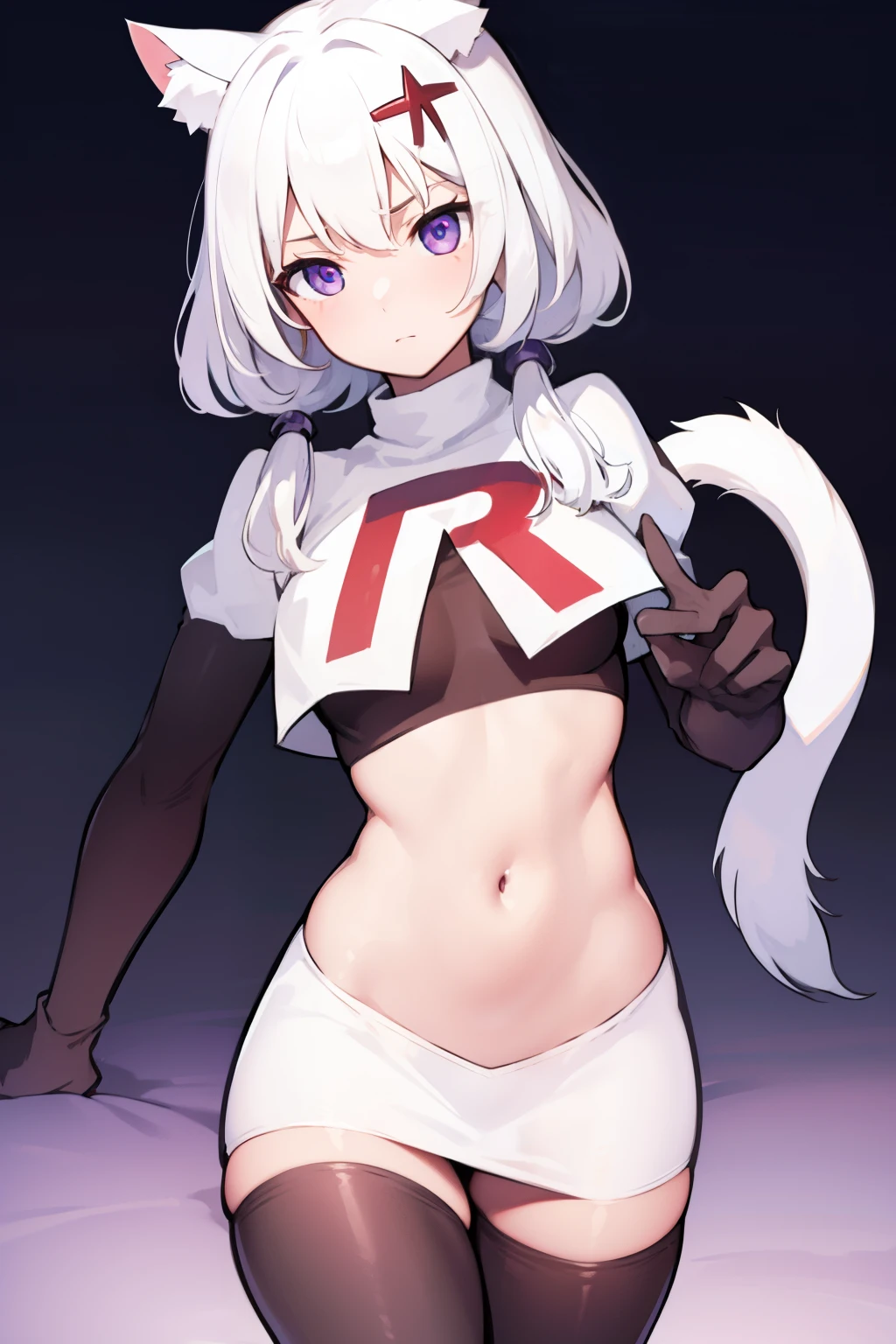 shyreifaolan, shyrei faolan, bangs, white hair, hair ornament, animal ears, twintails, (purple eyes:1.1), tail, ahoge, cat ears, cat tail, low twintails, facial mark, cat girl, tail ornament, medium hair,
team rocket,team rocket uniform, red letter R, white skirt,white crop top,black thigh-highs ,black elbow gloves
BREAK looking at viewer,
BREAK (masterpiece:1.2), best quality, high resolution, unity 8k wallpaper, (illustration:0.8), (beautiful detailed eyes:1.6), extremely detailed face, perfect lighting, extremely detailed CG, (perfect hands, perfect anatomy),