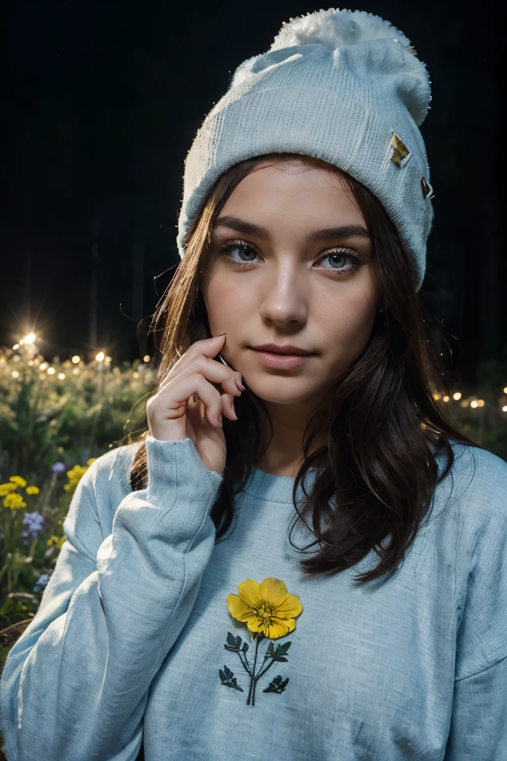 Copy photograph, photo of beautiful woman, selfie, upper body, solo, wearing pullover, outdoors, (night), mountains, real life nature, stars, moon, cheerful, happy, gloves, sweater, beanie, forest, rocks, river, wood, smoke, fog, looking at viewer, skin texture, photo grain, close up, RAW photo, rave woman, night skies, secret party, almost no clouds, bright moon, dark forest behind... with fog, hope in front, Poppy flowers on the ground. #0057B7 light blue for the sky & #FFDD00 and yellow for canola flower fields, woman doing a heart sign with hands, no blurry face, beautiful eyes, brown eyes, no blurry eyes, realistic eyes, realism