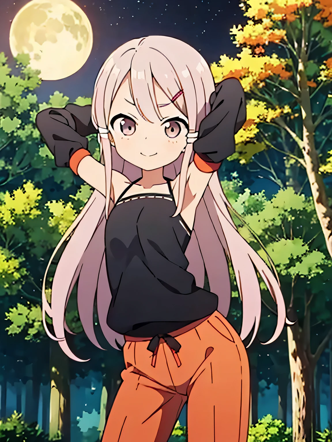 masterpiece, best quality, KunoichiAjisai, black shirt, sleeveless, orange pants, orange sleeves, long hair, grey hair, closed mouth, solo, cowboy shot, night sky, forest, arms behind head, contrapposto, shy smile, spread armpits,