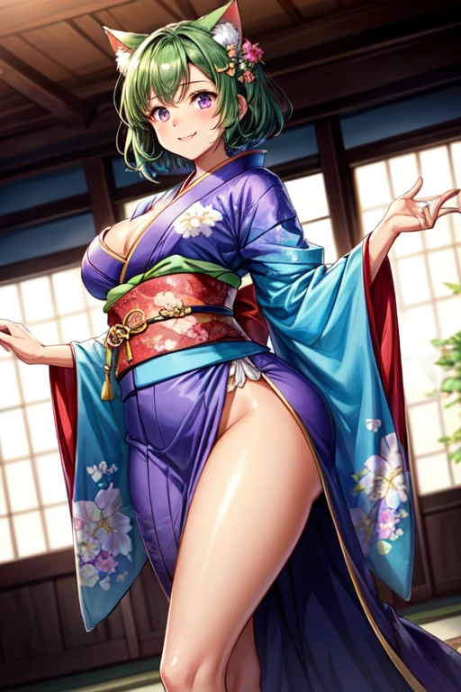 Make a beautiful young woman, tall, with short green hair, cat ears, purple eyes, a pretty, perfect face, with a beautiful smile, a beautiful look, a beautiful body, a perfect body, with dark skin, a dark complexion, a slender body, large bust, wide thighs, with a kimono, perfect kino, the kino is detailed with lus, the kimono highlights her figure, the kimono is tailored to her body, anime style, high quality, clear imag