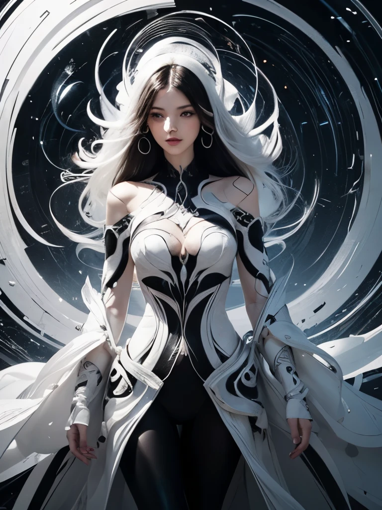 brand collection, fashion brand theme, highly detailed, beautiful, masterpiece, best quality, Geometric style abstract beauty,1 girl,, approaching perfection, digital painting, artstation, concept art, illustration, white and black colors, swirling patterns, abstract forms, surreal, latex, Cyber , Scattered geometry,
white petals, complicated background