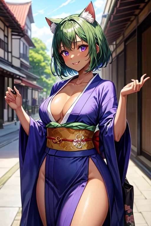 Make a beautiful young woman, tall, with short green hair, cat ears, purple eyes, a pretty, perfect face, with a beautiful smile, a beautiful look, a beautiful body, a perfect body, with dark skin, a dark complexion, a slender body, large bust, wide thighs, with a kimono, perfect kino, the kino is detailed with lus, the kimono highlights her figure, the kimono is tailored to her body, anime style, high quality, clear imag